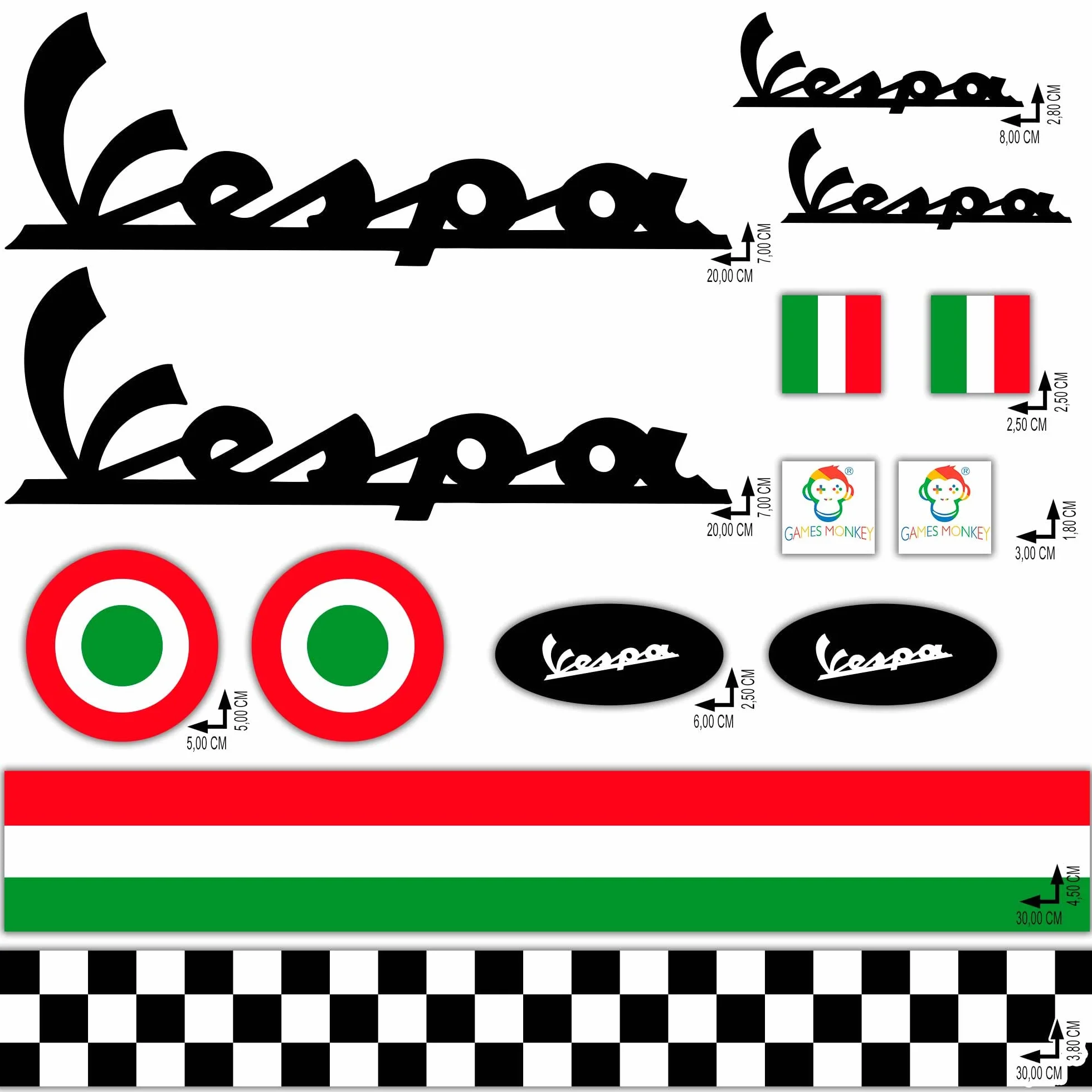 Adesivi per Casco Kit VESPA - Nero - Strisce Italia Bandiera Scacchi Vinile Lucido HD