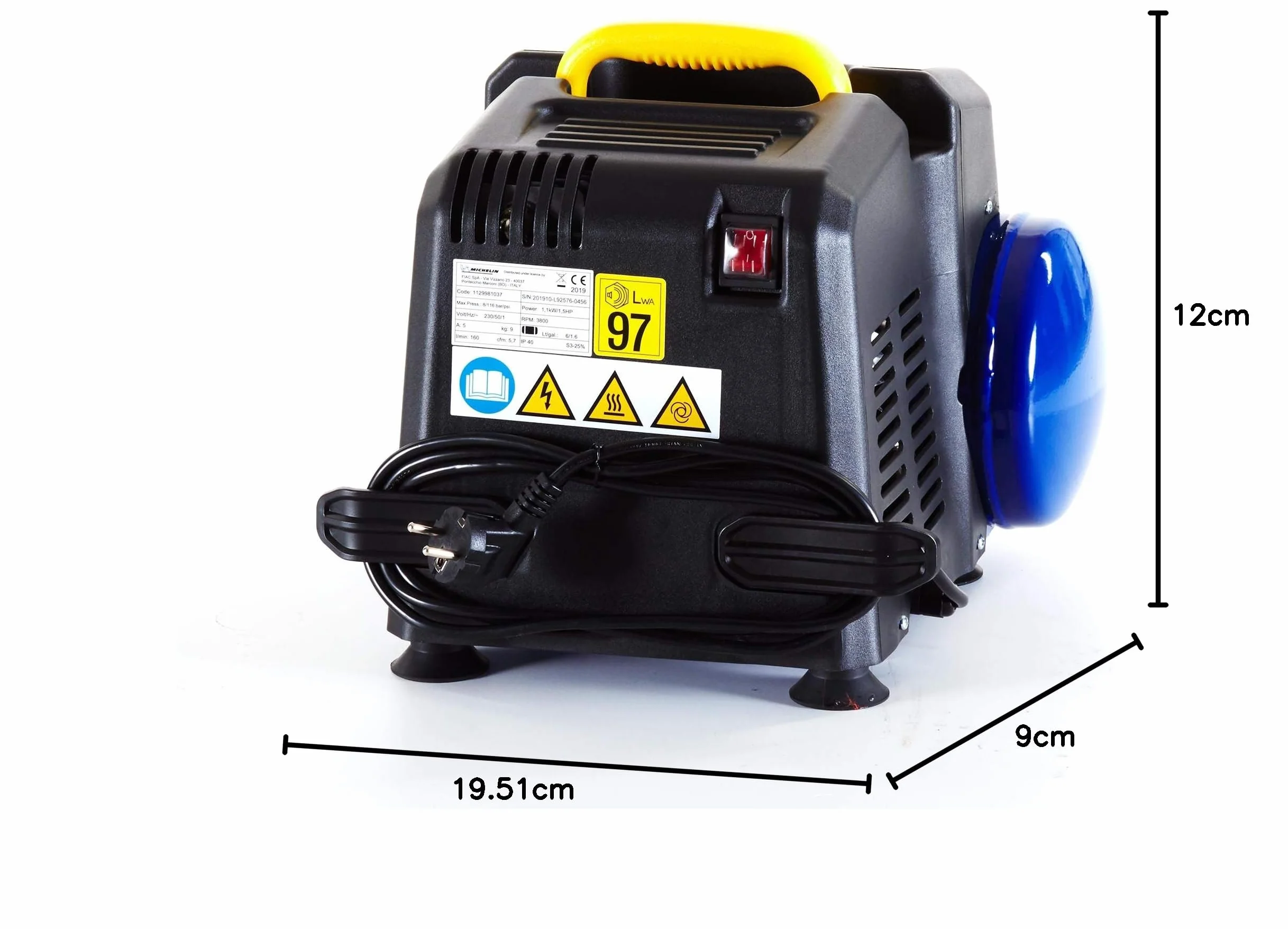 Michelin Compressore d'Aria Portatile MBL6, Compressore Aria Oil-Free da 6 Litri, Manometro Integrato, Pressione Massima 8 Bar, Potenza 1.5 CV