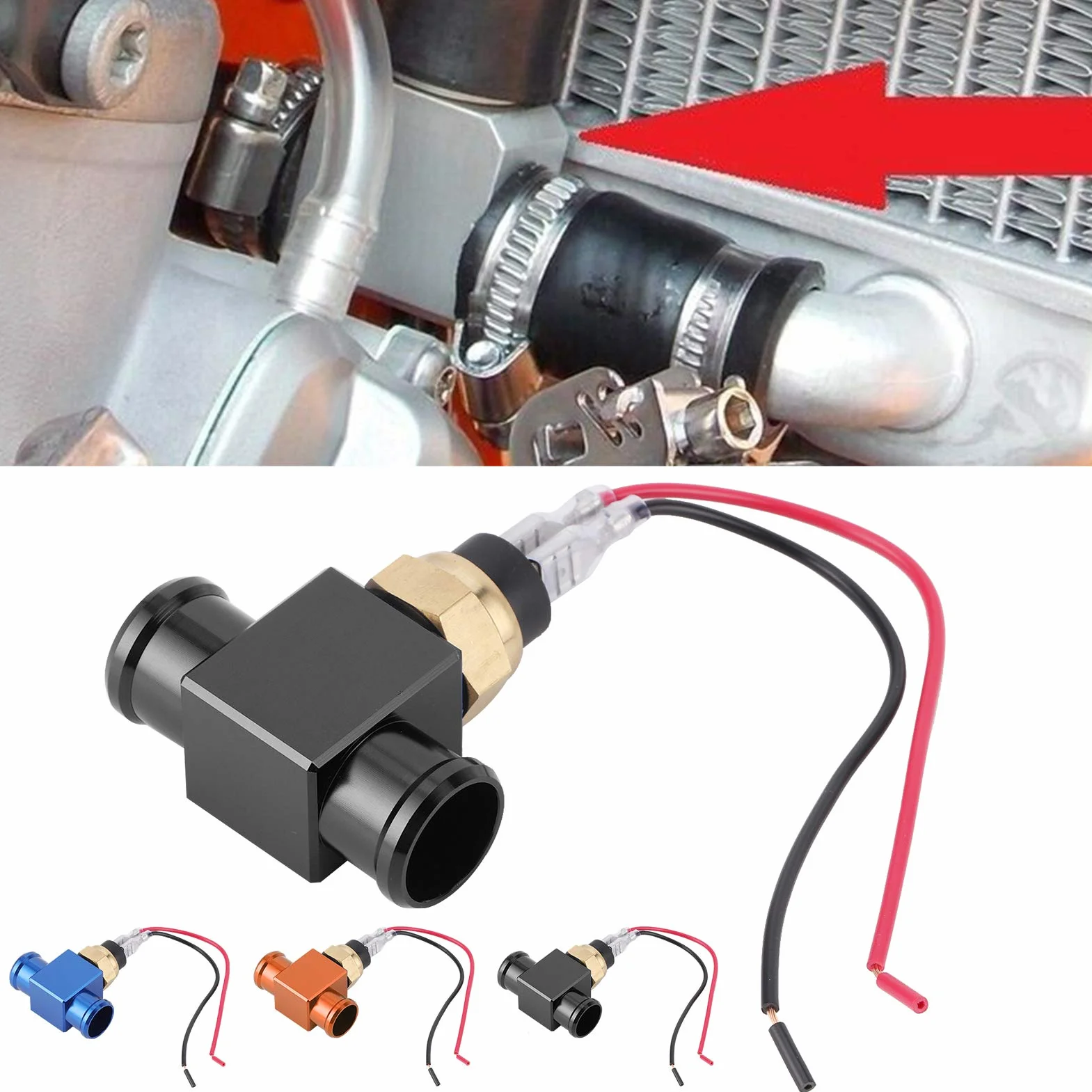 Interruttore di temperatura, termostato in lega di alluminio Interruttore temperatura acqua Radiatore Sensore temperatura ventola refrigerante Sensori temperatura per moto ATV Fuoristrada(nero)
