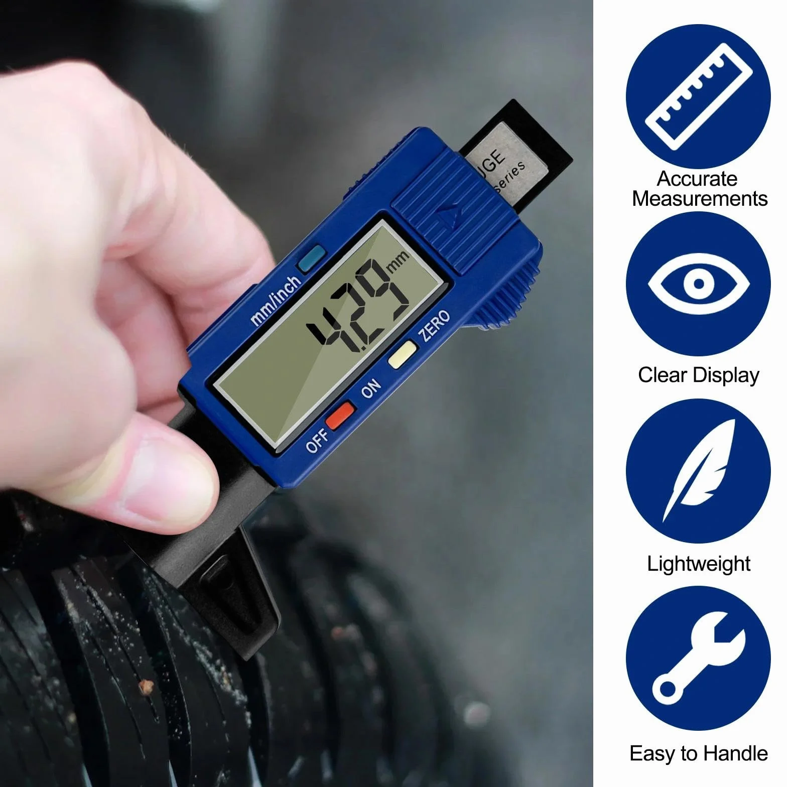 Gvolatee Misuratore Battistrada Pneumatici, Profondimetro Digitale con LCD, Strumento Misuratore Profondità per Auto, Furgoni, Camion e Moto (Blu)