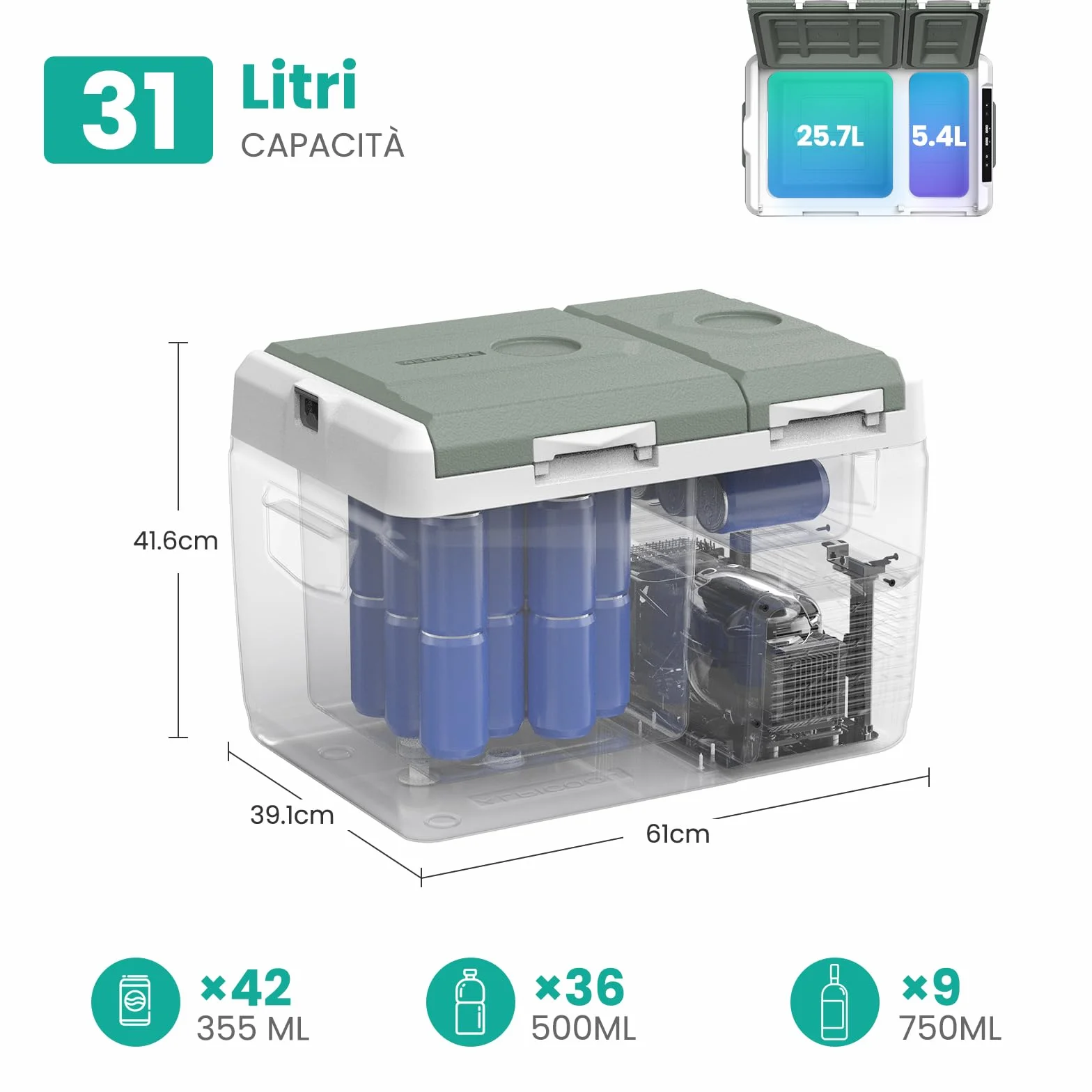 Alpicool KLS38 Frigo per Auto 31L con APP, 2026 Doppia Zona Frigorifero Portatile Elettrico 12/24V DC 100~240 V AC,Frigo Portatile per Camion Viaggio Picnic,-20℃-20 ℃,con Scomparto Ghiaccio,Verde