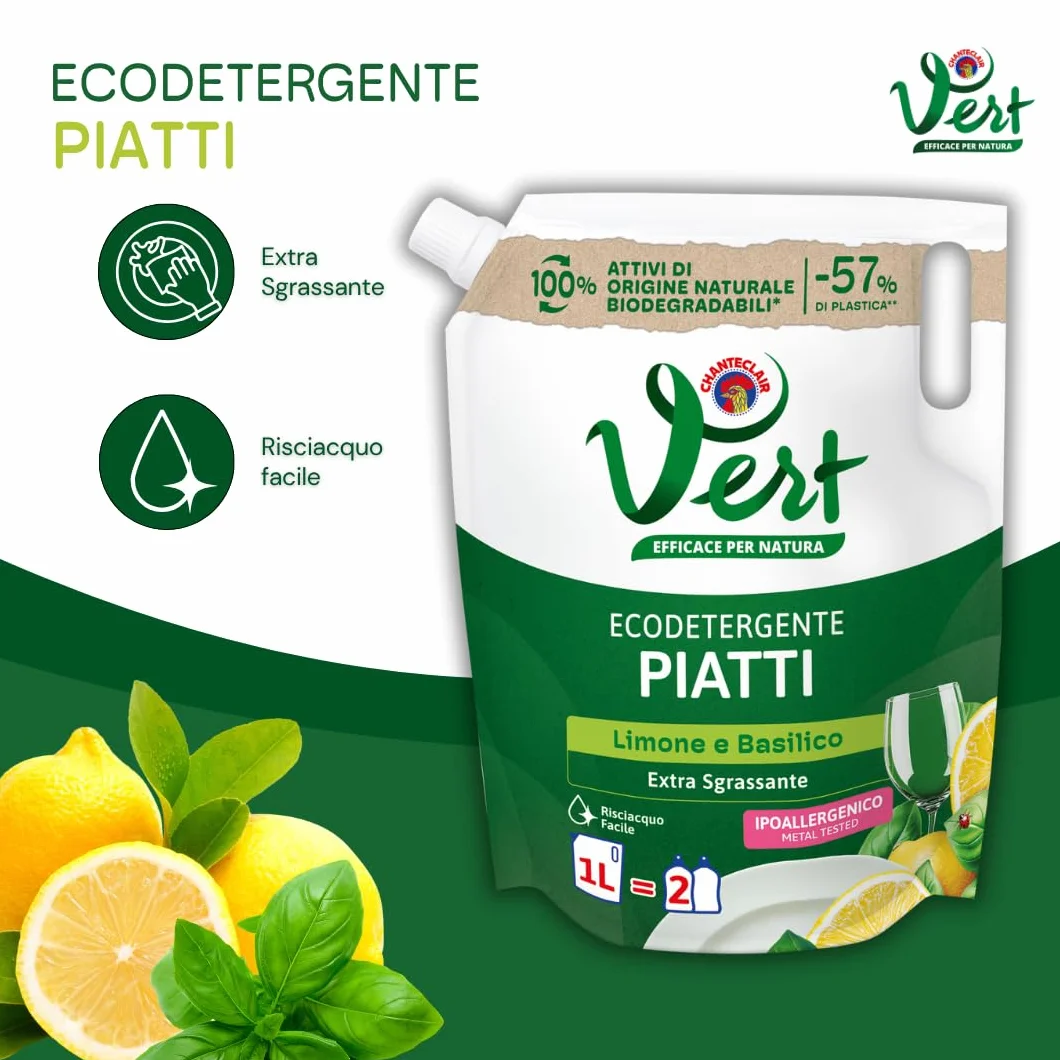 Ecodetergente Piatti Fragranza Limone Basilico 100% Origine Naturale Extra Sgrassante Ipoallergenico 8 x 1000ml