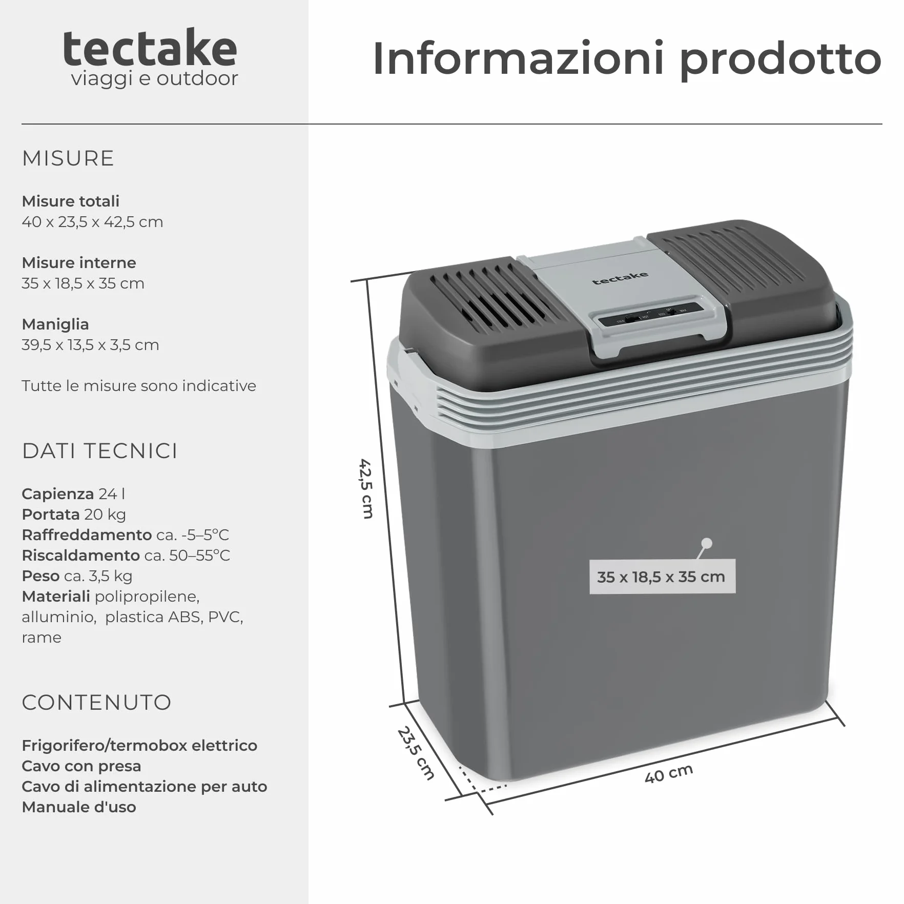 tectake® Frigorifero Portatile Elettrico 24 L, 40x23,5x42,5 cm, Frigorifero Piccolo 2in1 Funzione Freddo Caldo, mini frigo portatile 230 V e 12 V per Auto e Casa, modalità ECO, Borsa Frigo Camping