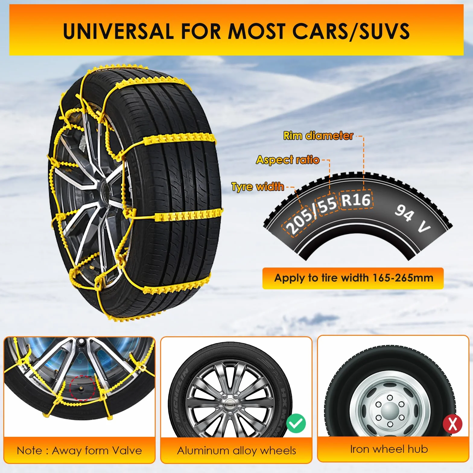 Ninonly Catene da neve universali SUV per varie condizioni stradali accidentate come neve, fango, arrampicata e ghiaccio, catene da neve per pneumatici auto, larghezza 165-275 mm, confezione da 10