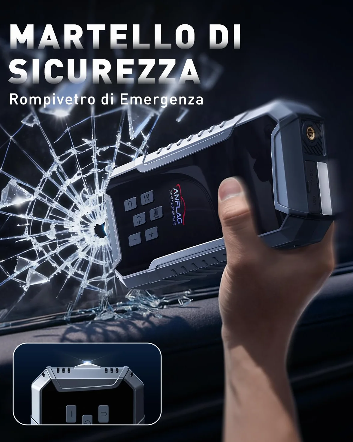 Booster Avviamento Auto 8000A, ANFLAG Avviatore Batteria Auto con Compressore 160PSI, 26800mAh Starter Batteria Auto per Tutti Gas o 12L Diesel con Ricarica Rapida USB-C/600 Lumen LED