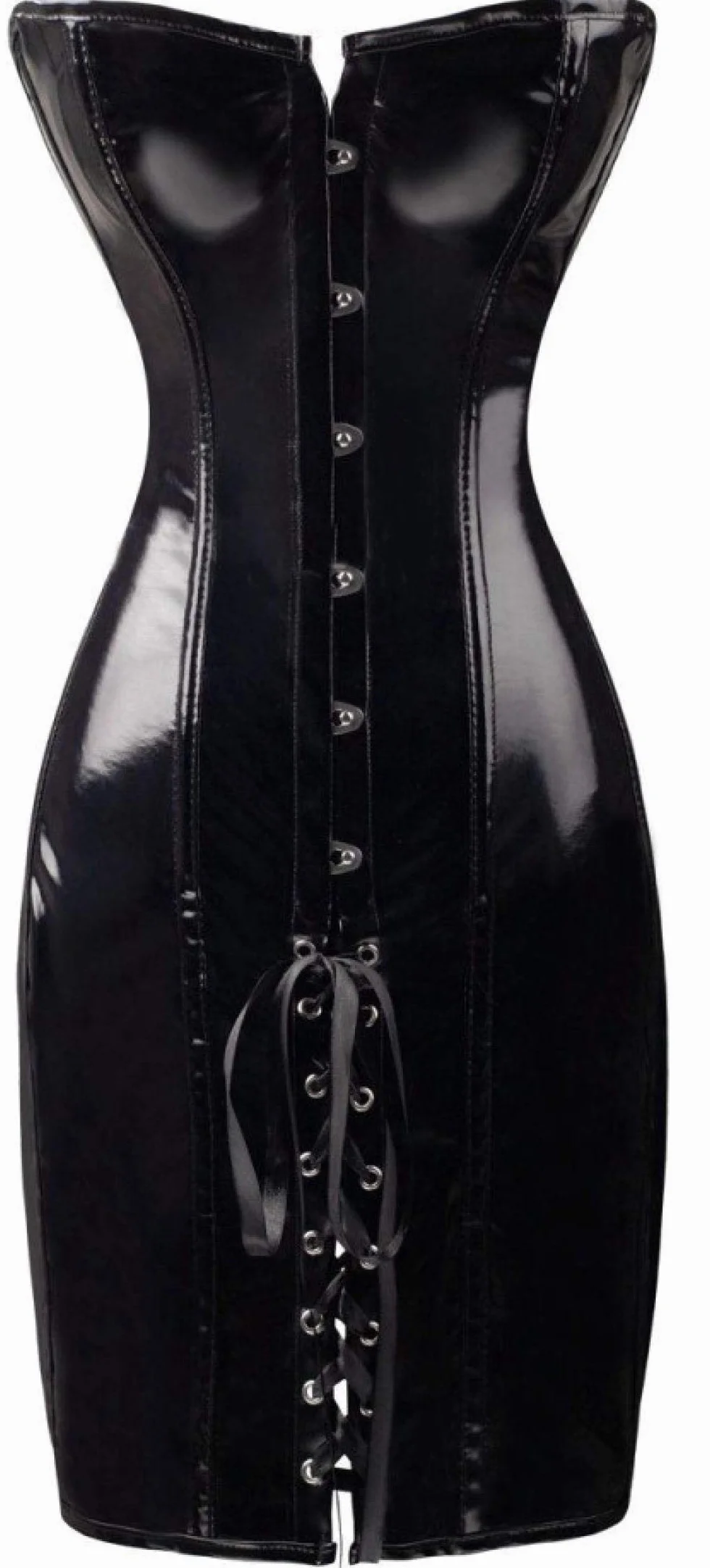 Abito da Sera Aderente in Pelle Lucida Sexy Gotica con Spalle Scoperte Corsetto in PVC Lattice per Feste