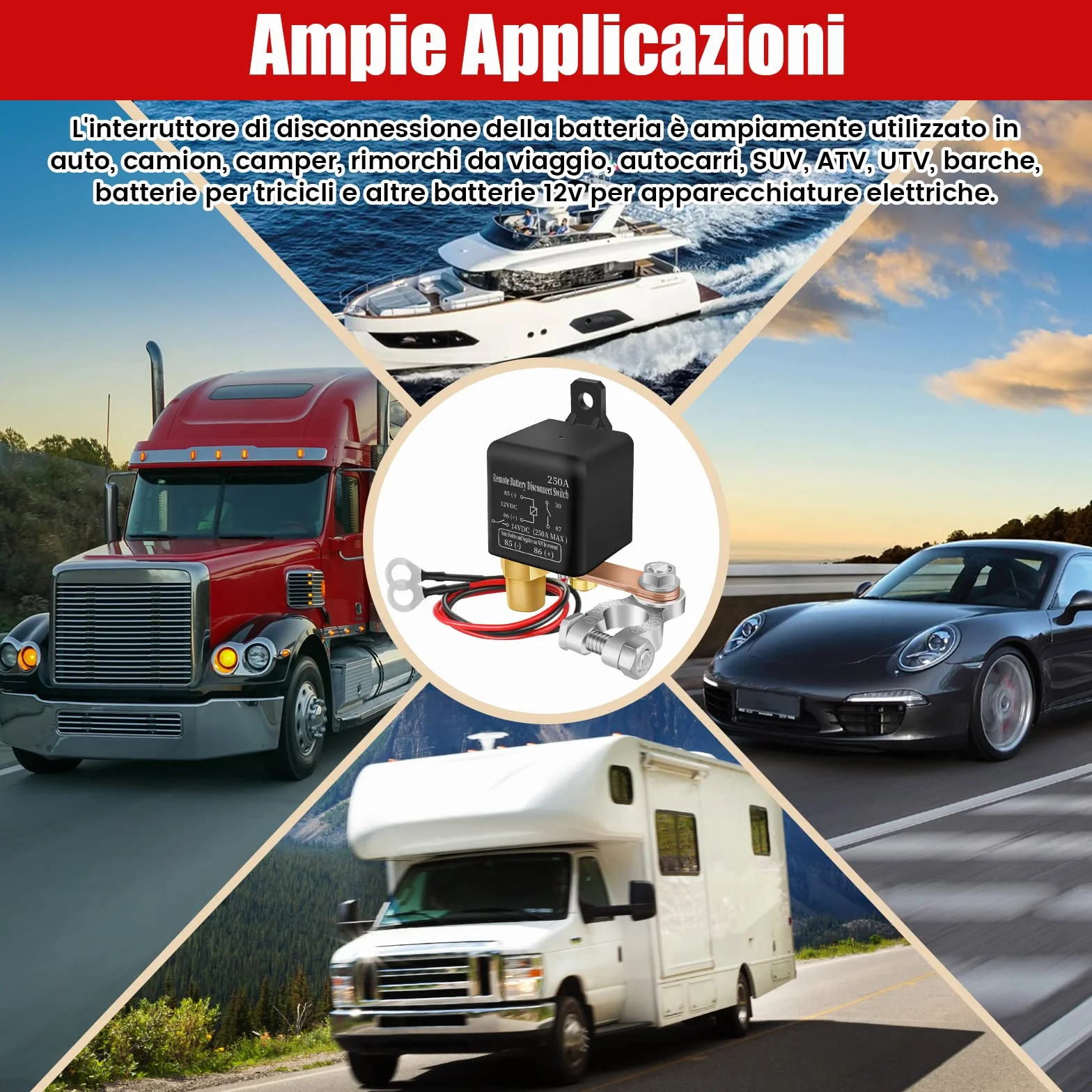 Stacca Batteria 12V Interruttore Relè 12V 250A Interruttore Batteria Con 2 Telecomandi Antifurto Auto Disconnessione Batteria Stacca Batteria per Auto Camion Moto Barca RV (250A)