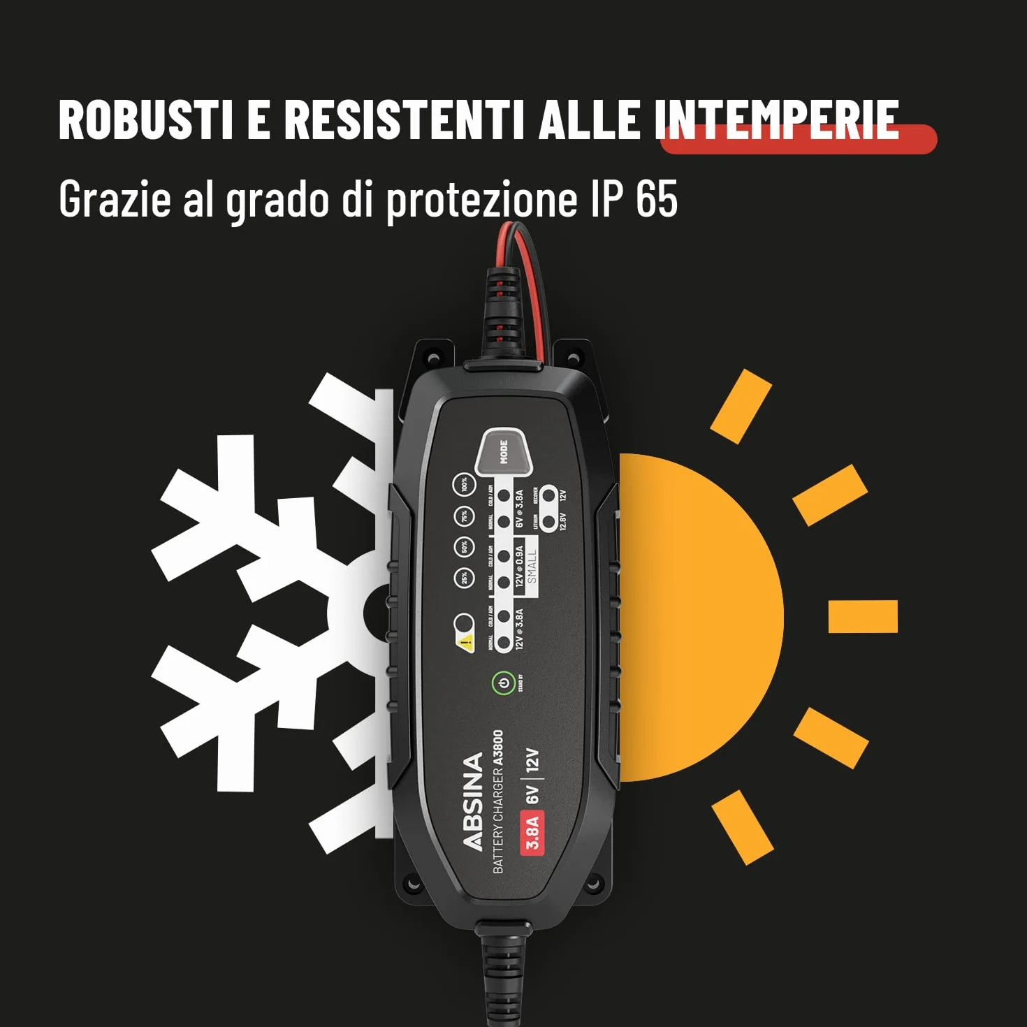 ABSINA Caricabatterie auto automatico - Carica batteria per auto per batterie al piombo-acido da 6V e 12V fino a 120Ah e 12,8V al litio - Mantenitore di carica auto AGM per moto, caravan e altro