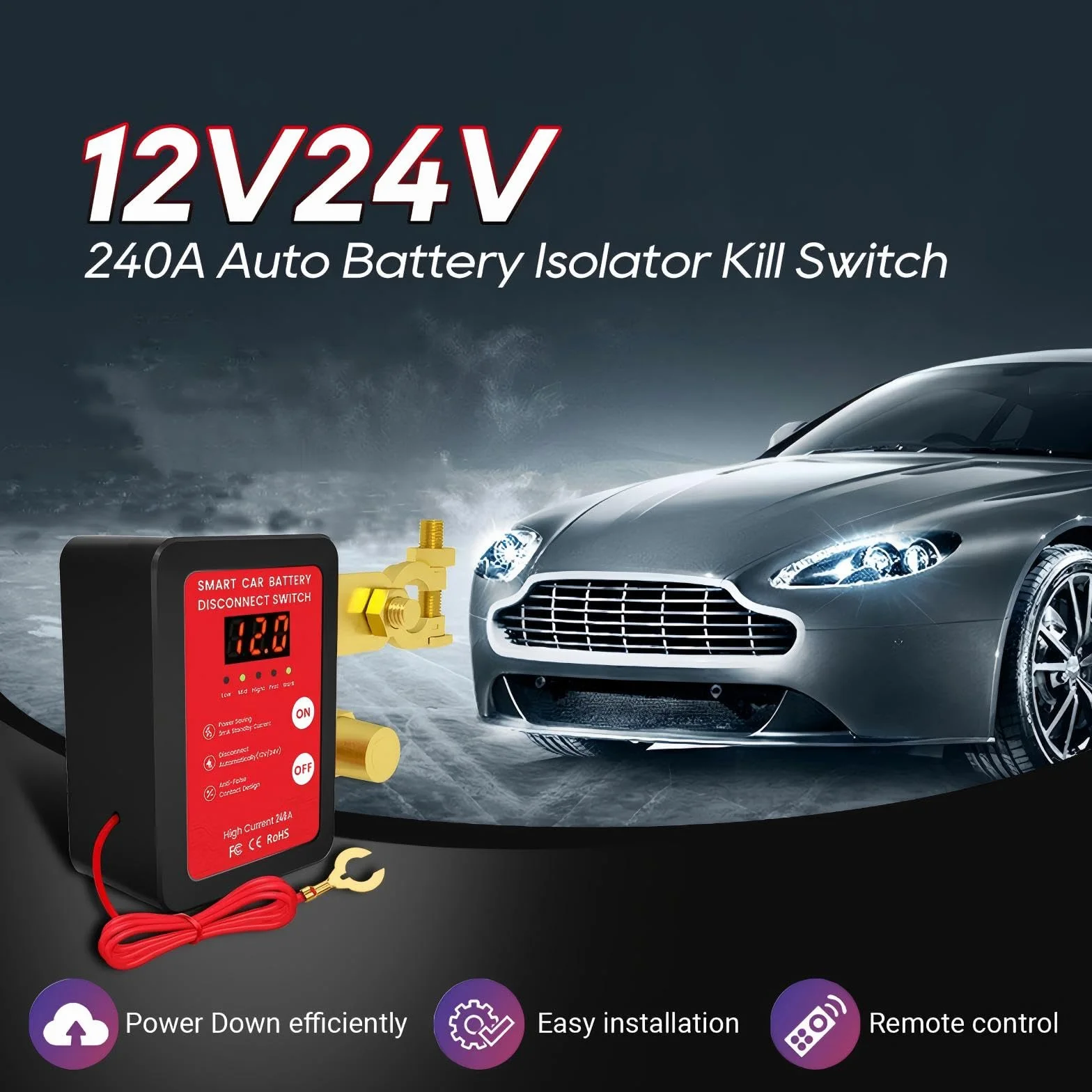 Stacca Batteria Auto 12V 240A, Interruttore Staccabatteria con Display LED, Interruttore Automatico Senza Fili con Telecomando, Kill Switch Antifurto per Auto, Camper, ATV, Camion, Trattore