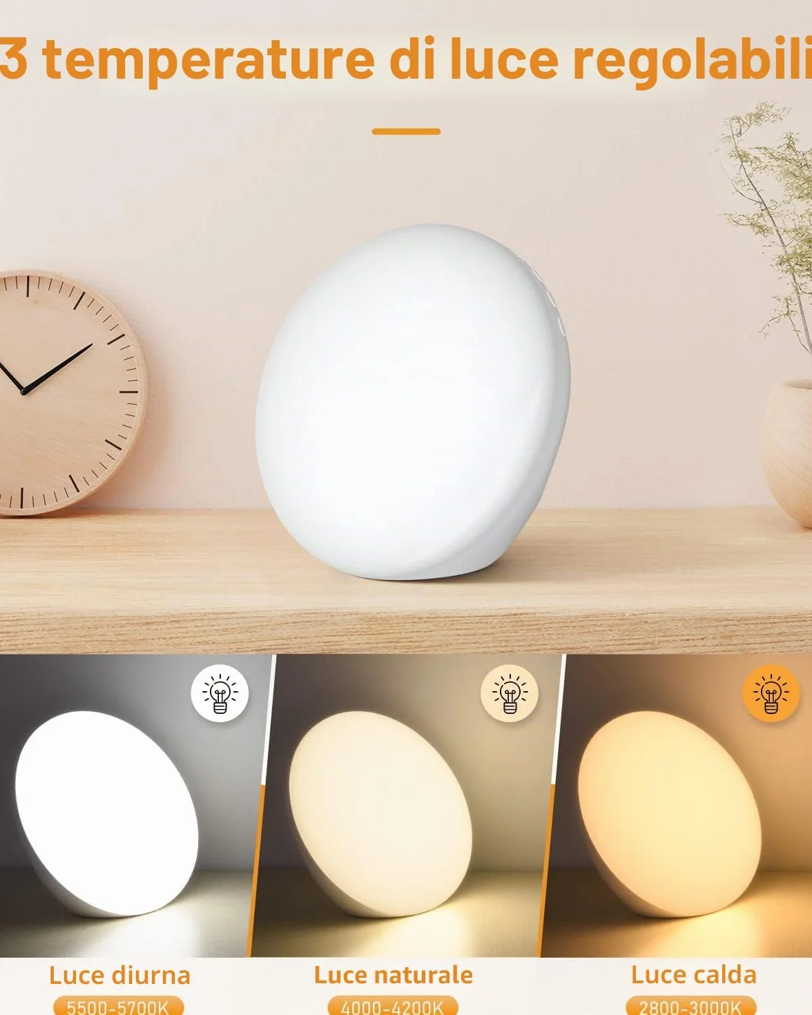 Lampada per fototerapia 10.000 Lux con colori regolabili, luminosità e timer, senza UV, bianca