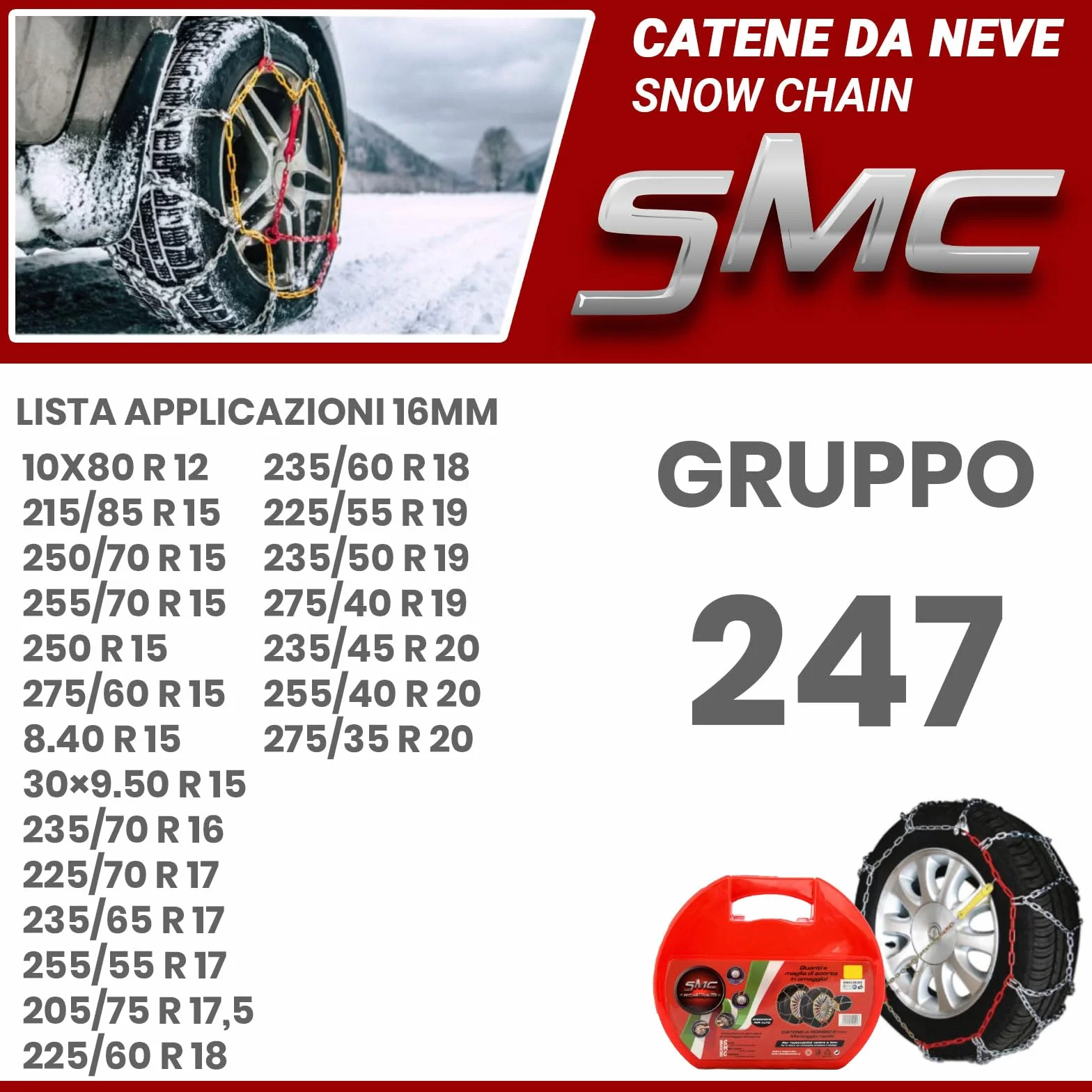 Catene da Neve OMOLOGATE O-Norm TUV SMC 16mm per Pneumatici GOMME 235/50 R 19