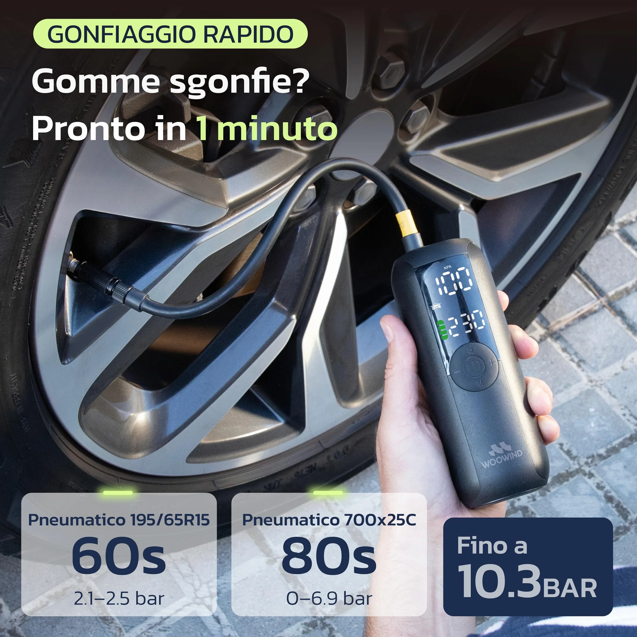 Woowind Compressore Aria Portatile 150PSI Pompa Elettrica per Bicicletta con Spegnimento Automatico Schermo LCD Luce LED