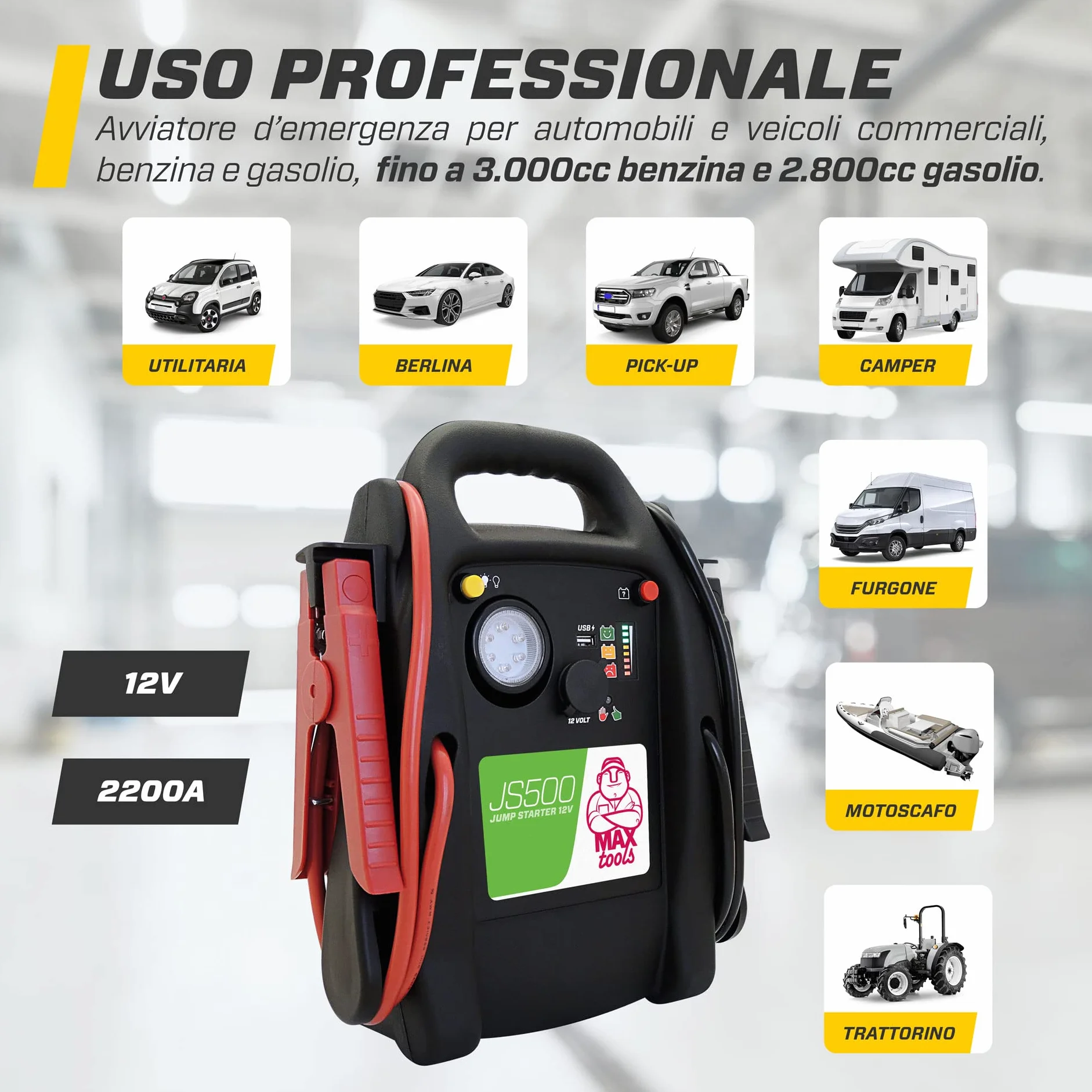 MAXTOOLS JS500 2200 A 22 Ah, Avviatore di Emergenza per Auto e Furgoni, Motori 12V Diesel e Benzina, Jump Starter, con Torcia LED, Porta USB e Cavi di Avviamento