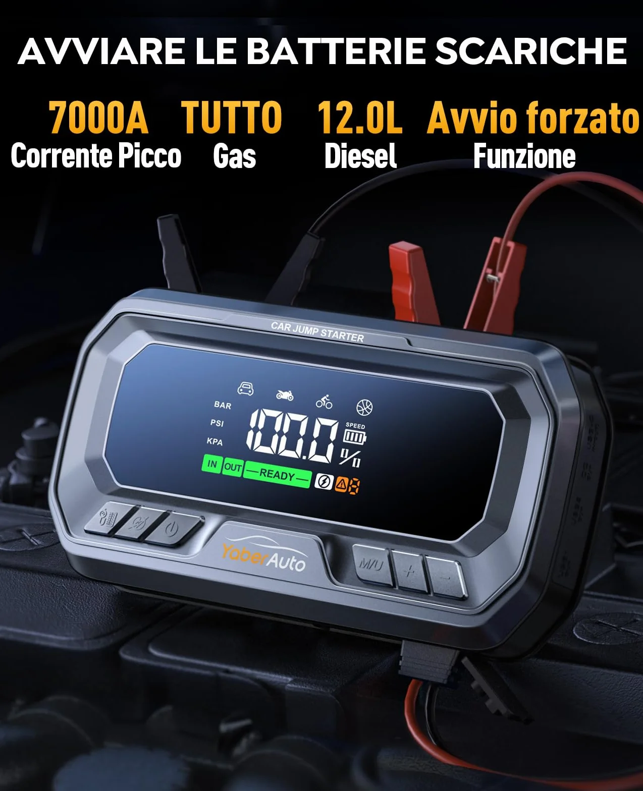 YaberAuto Avviatore Batteria Auto 8000A 26800mAh con Compressore 160PSI Uscita DC 160W, PD65W Booster Avviamento,Avviatore Emergenza per Auto (Tutto Gas/12.0L Diesel), 600 Lumens