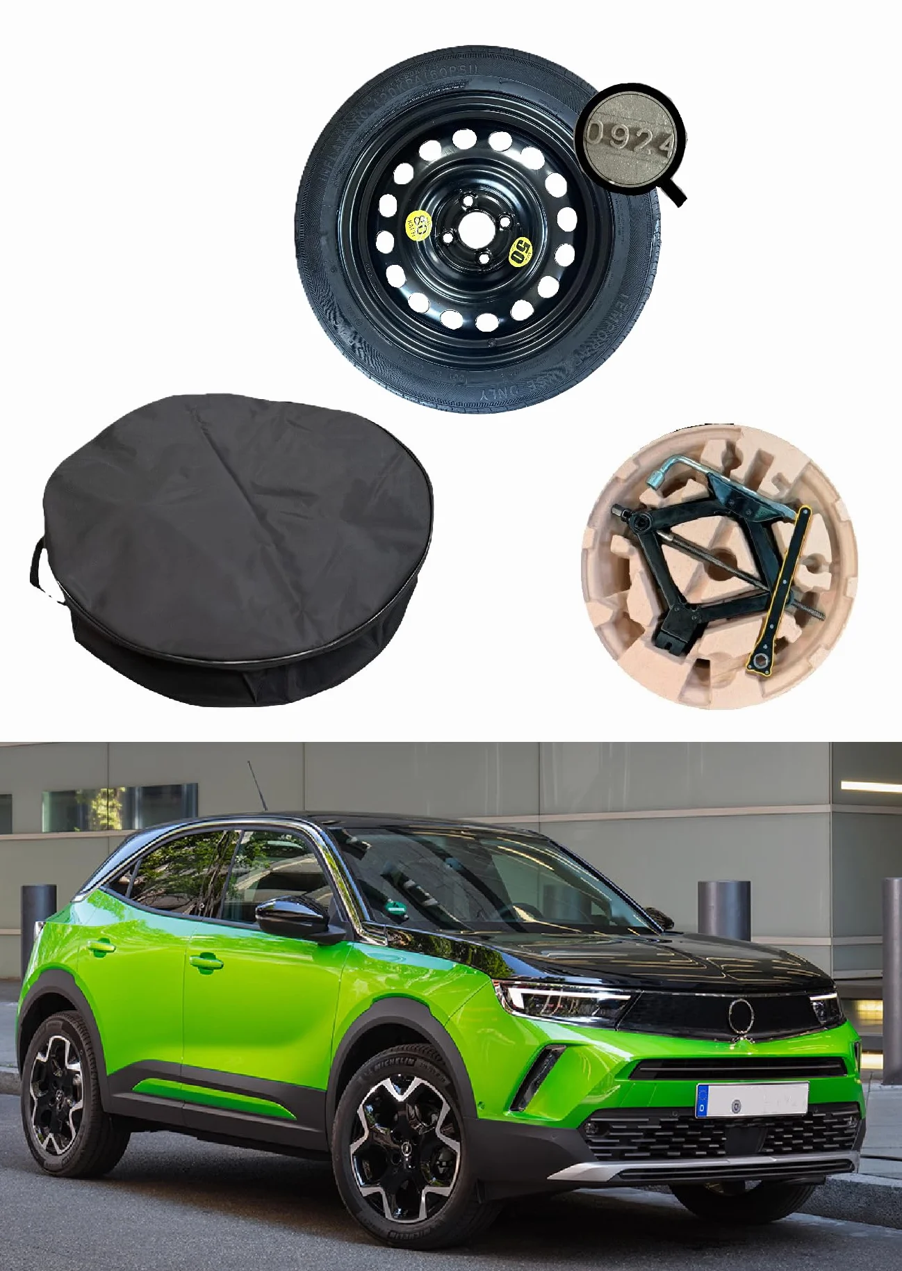 Kit Ruotino di Scorta 17" compatibile Opel Mokka/Mokka-E 2020 Cric Chiave Sacca Contenitore