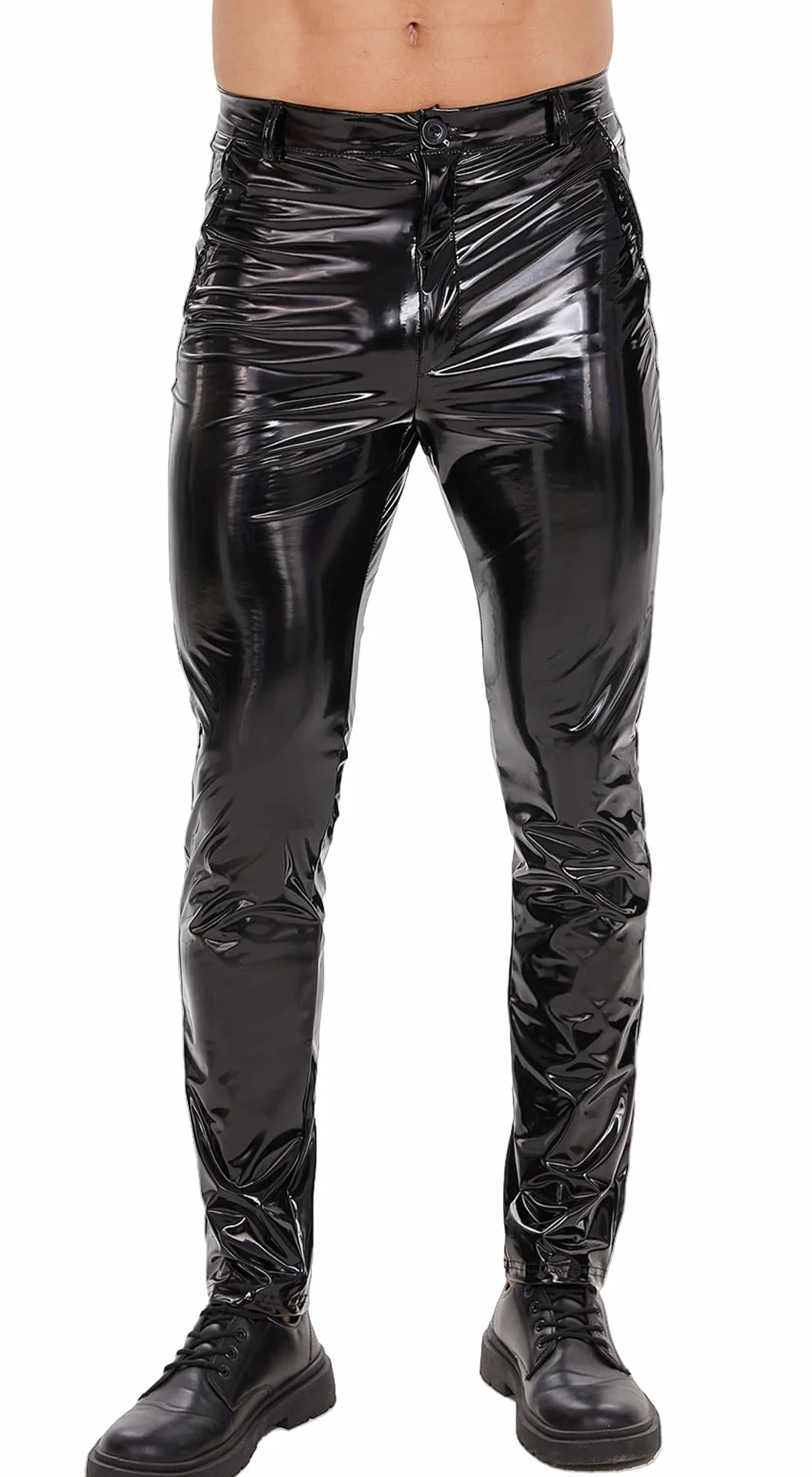 Pantaloni lunghi uomo similpelle slim fit effetto bagnato costume rave party discoteca