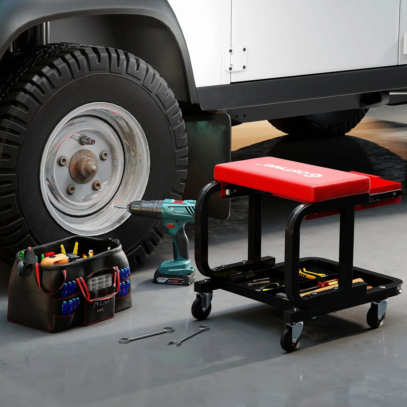 COSTWAY Sgabello da Officina con Ruote, Sedia Meccanico Imbottita, Cassetto e Vassoio, 185 kg, Rosso