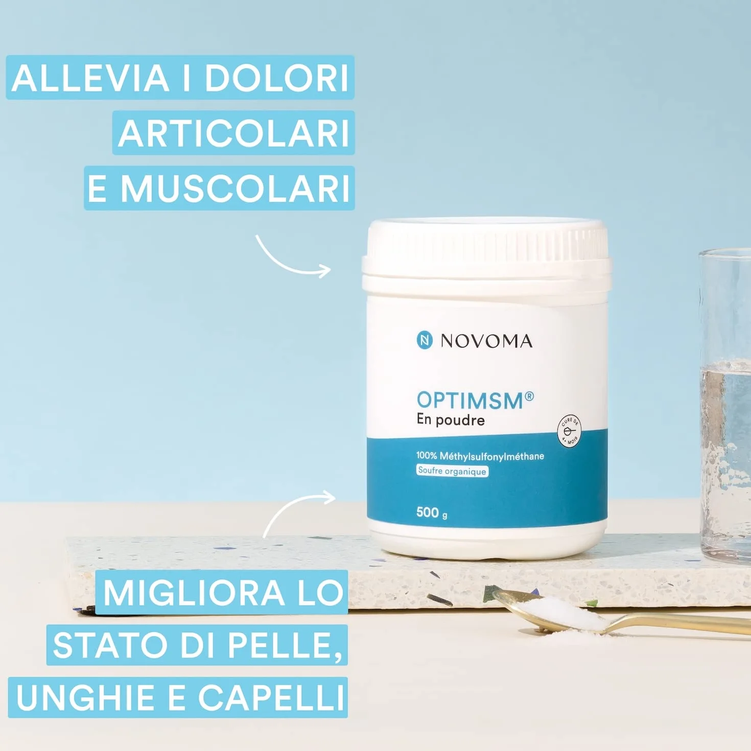MSM Polvere OptiMSM® 500 g Integratore Vegano Zolfo in Polvere al 99,9% Puro Novoma