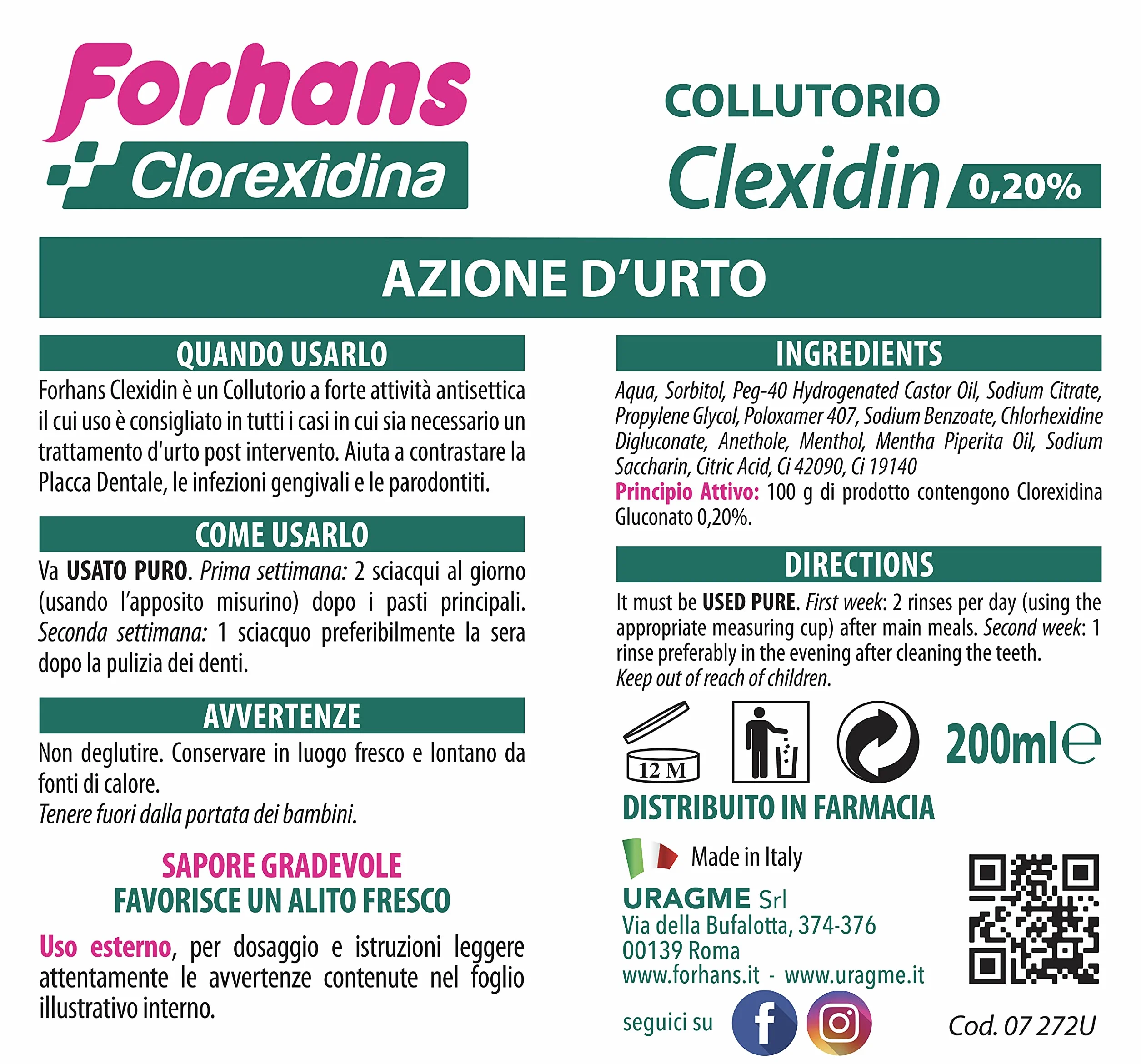 Forhans Liquido Antisettico Clorhexidina Clexidin 0.20% Collutorio 200 ml