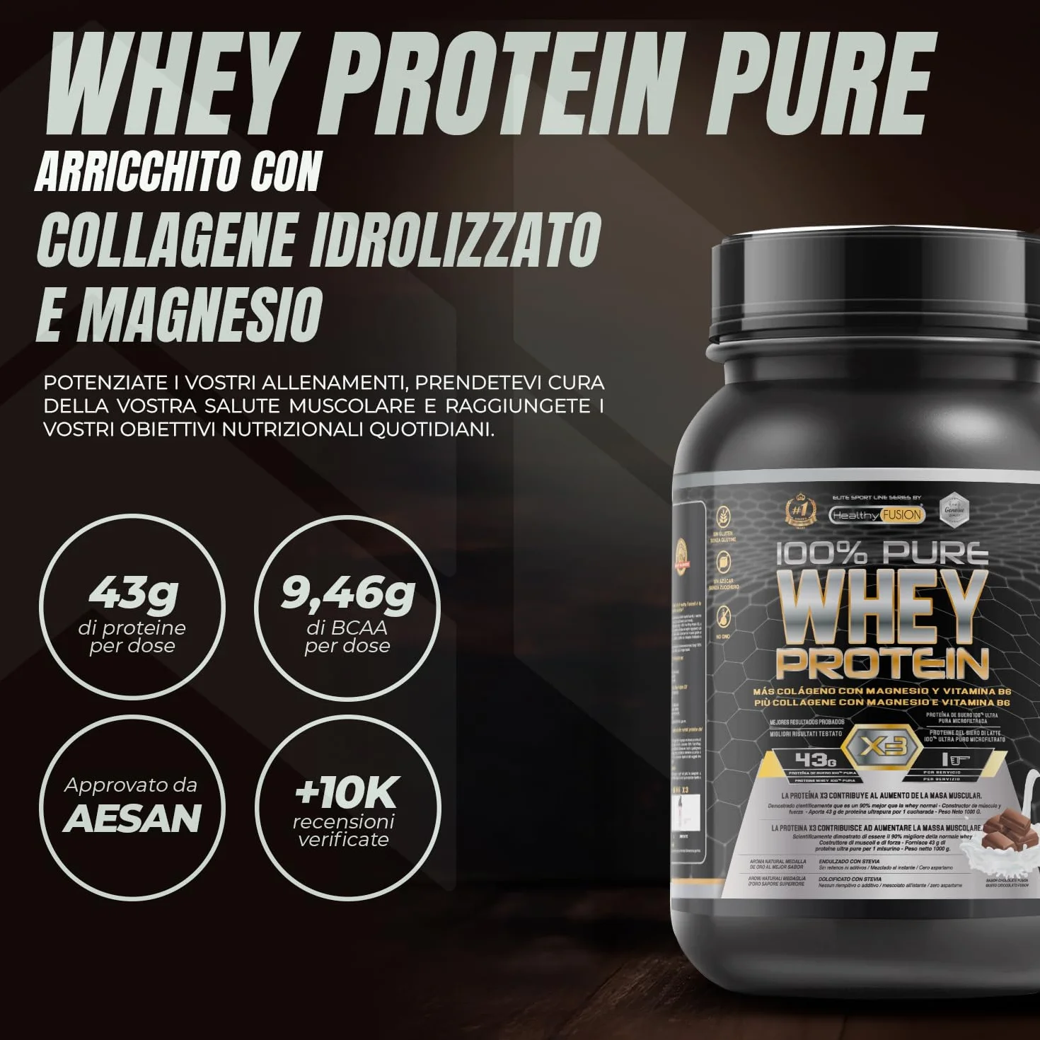 Whey Protein 1000g Cioccolato con Collagene e Magnesio