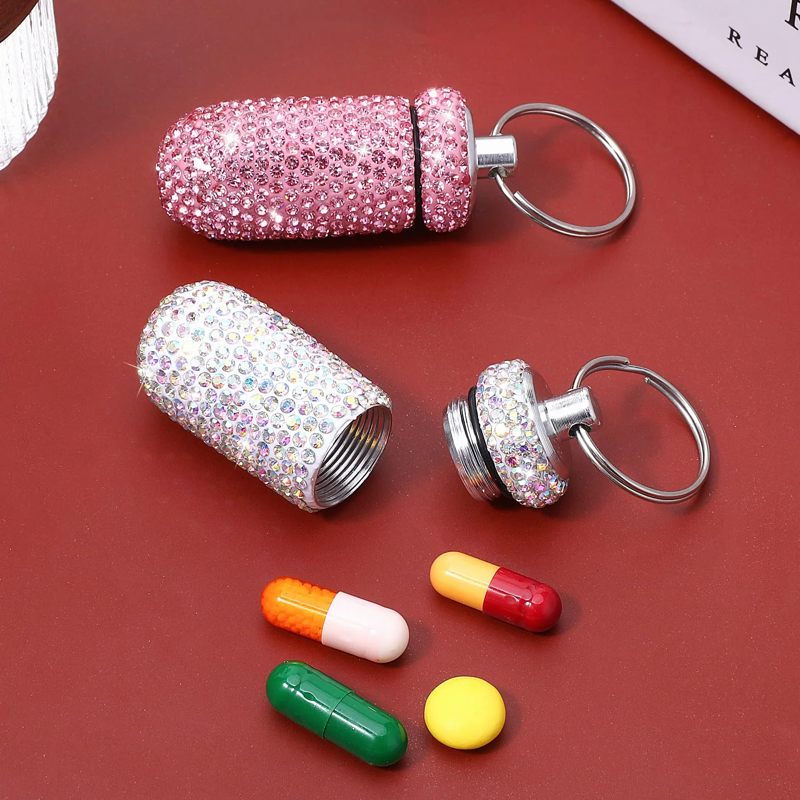 Cobee Contenitore per pillole impermeabile portatile 2 pezzi con cristalli portachiavi