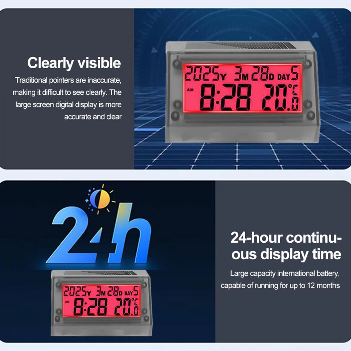 Orologio LCD ad energia solare -Orologio digitale multifunzionale per auto,impermeabile e antiurto,con ora, data, settimana, temperatura, supporto per maniglia per auto,moto,bicicletta,luce rosso