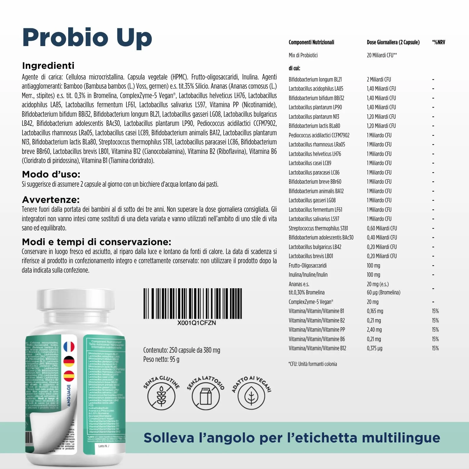 Probiotici 250 Capsule PROBIO UP 20 Ceppi Batterici Lactobacilli Bifidobatteri Inulina FOS 20 Miliardi
