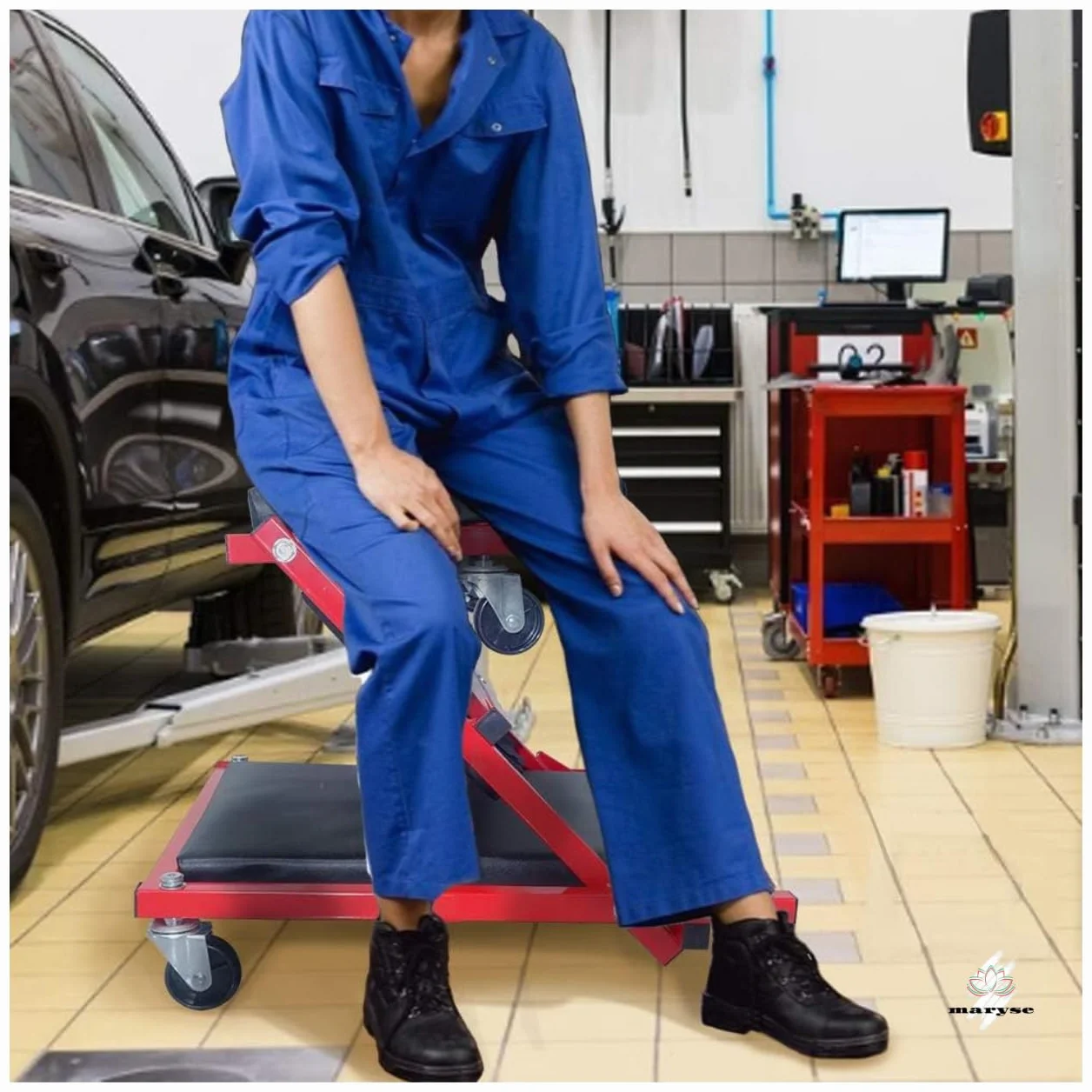 maryse - Lettino Sottoauto e Sgabello a Carrello 2in1 per Officina – Struttura in Acciaio Rinforzato, Ruote Silenziose, Max 150 kg, Comfort Imbottito e Design Pieghevole