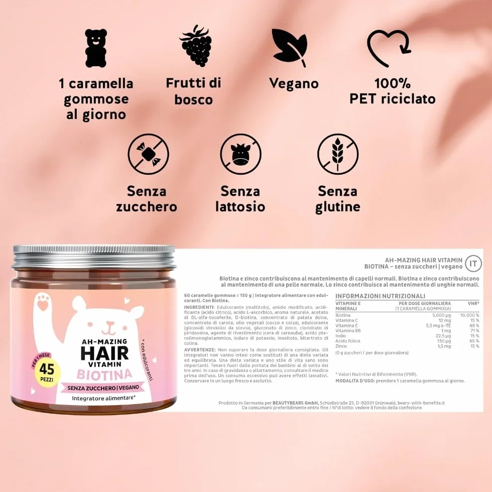 Caramelle Gommose Biotina Ah-mazing Hair – Vitamine per Capelli, Pelle e Unghie – 5000µg Biotina, Zinco, Vitamine B6, B9, C, E – 45 Pezzi, Vegane, Senza Zucchero