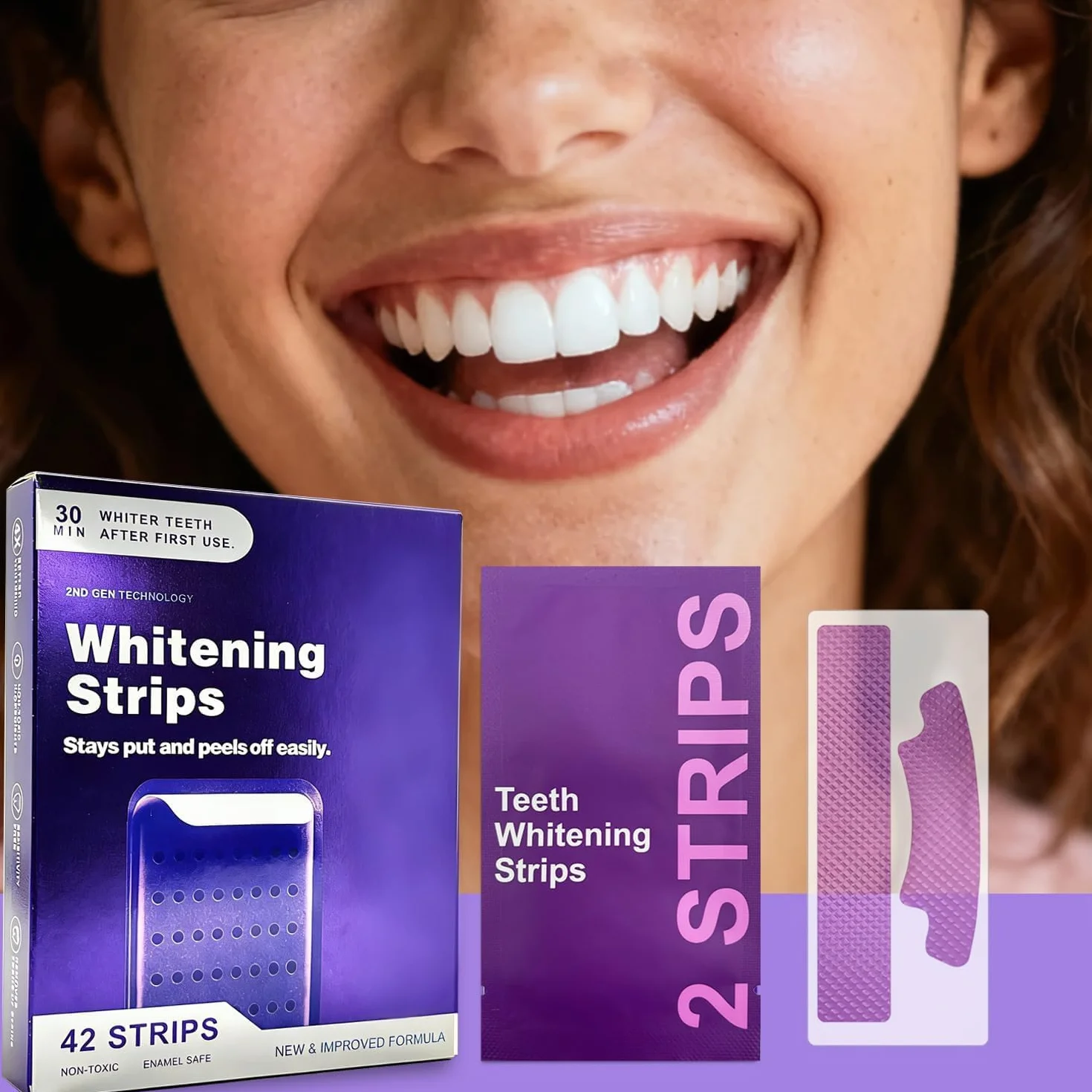 Strisce Sbiancanti Viola per Denti - Whitening Strips Senza Perossido - Risultati in 7 Giorni - 14 Pezzi