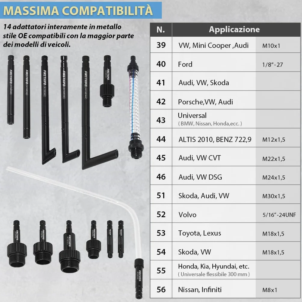 FIRSTINFO Kit Pneumatico ATF 10L per Riempimento e Aspirazione Olio Cambio Automatico, Pompa Cambio Olio Trasmissione con 14 Adattatori ATF, Attrezzatura Professionale Officina A1135NEU