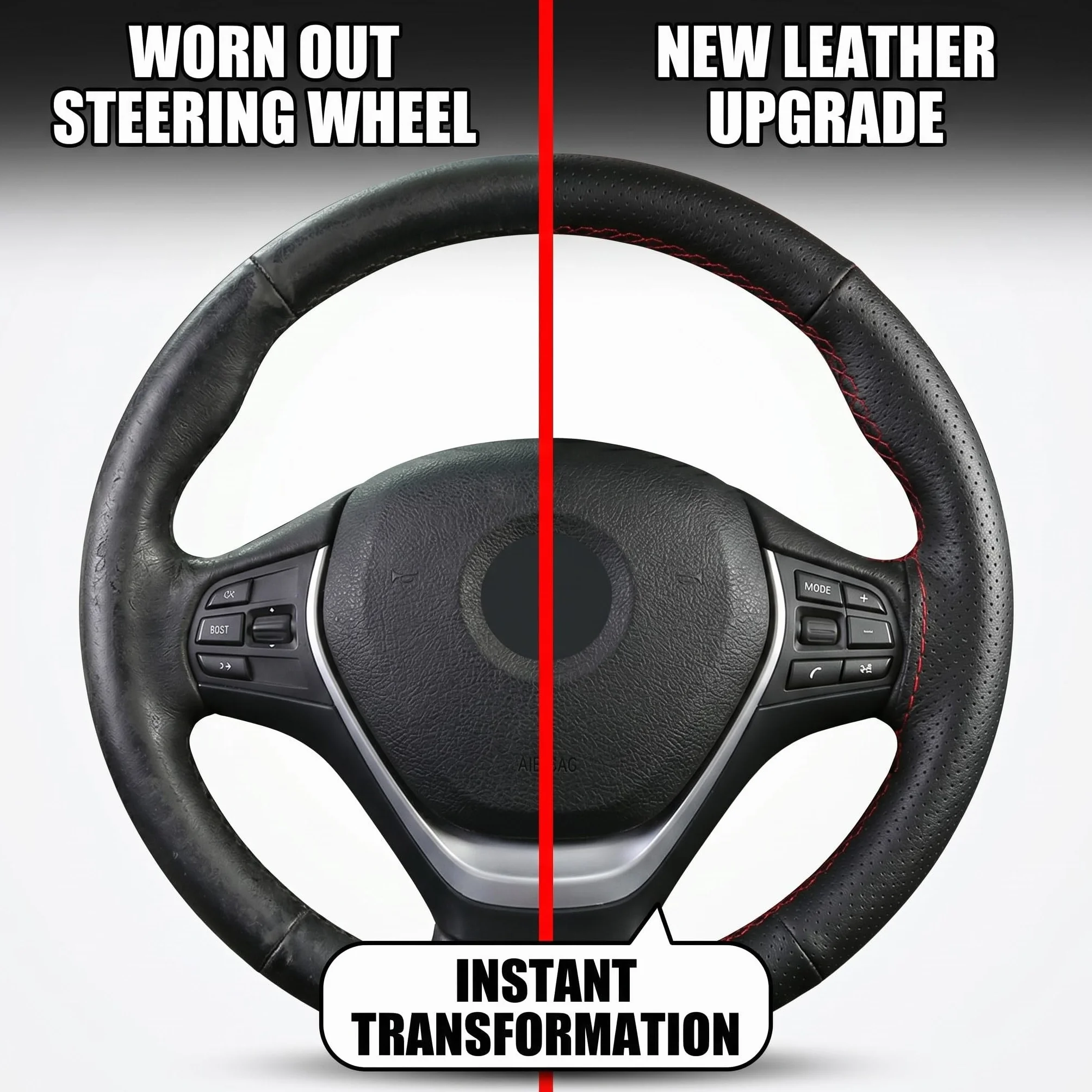 Coprivolante Auto in Pelle da Cucire, Foderatura per Sterzo 38cm con Perforazione Completa e Cucitura Rossa, Kit di Installazione Fai-da-Te per Guida Comoda e Sicura