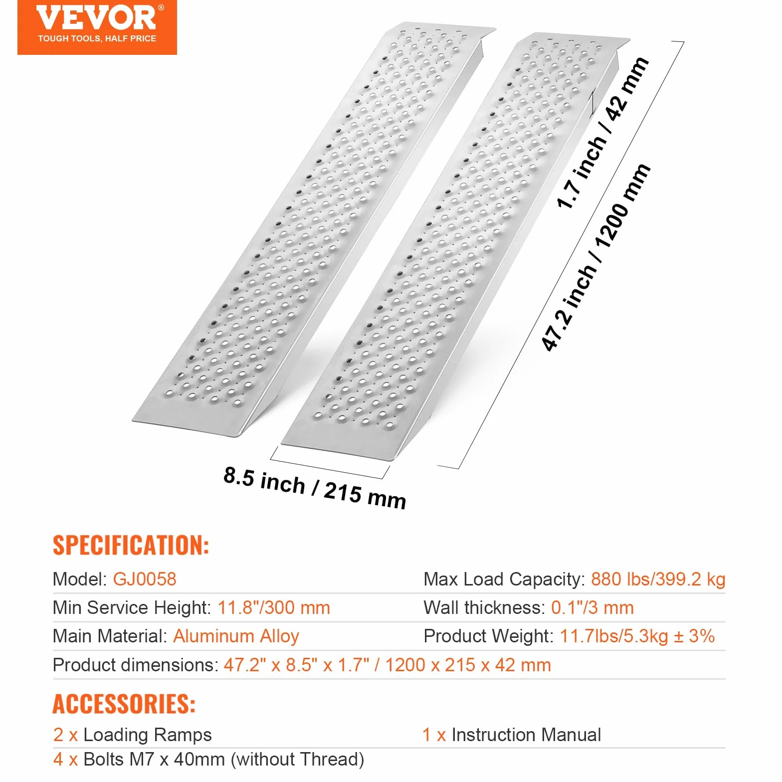 VEVOR Rampa di accesso, Rampa di carico, Rampa per auto 680 kg, Binario di carico, Rampa di carico per auto 2160 x 1375 mm, Rampe 2 pezzi per moto, rimorchio, ATV, UTV, trattore da giardino, Tosaerba