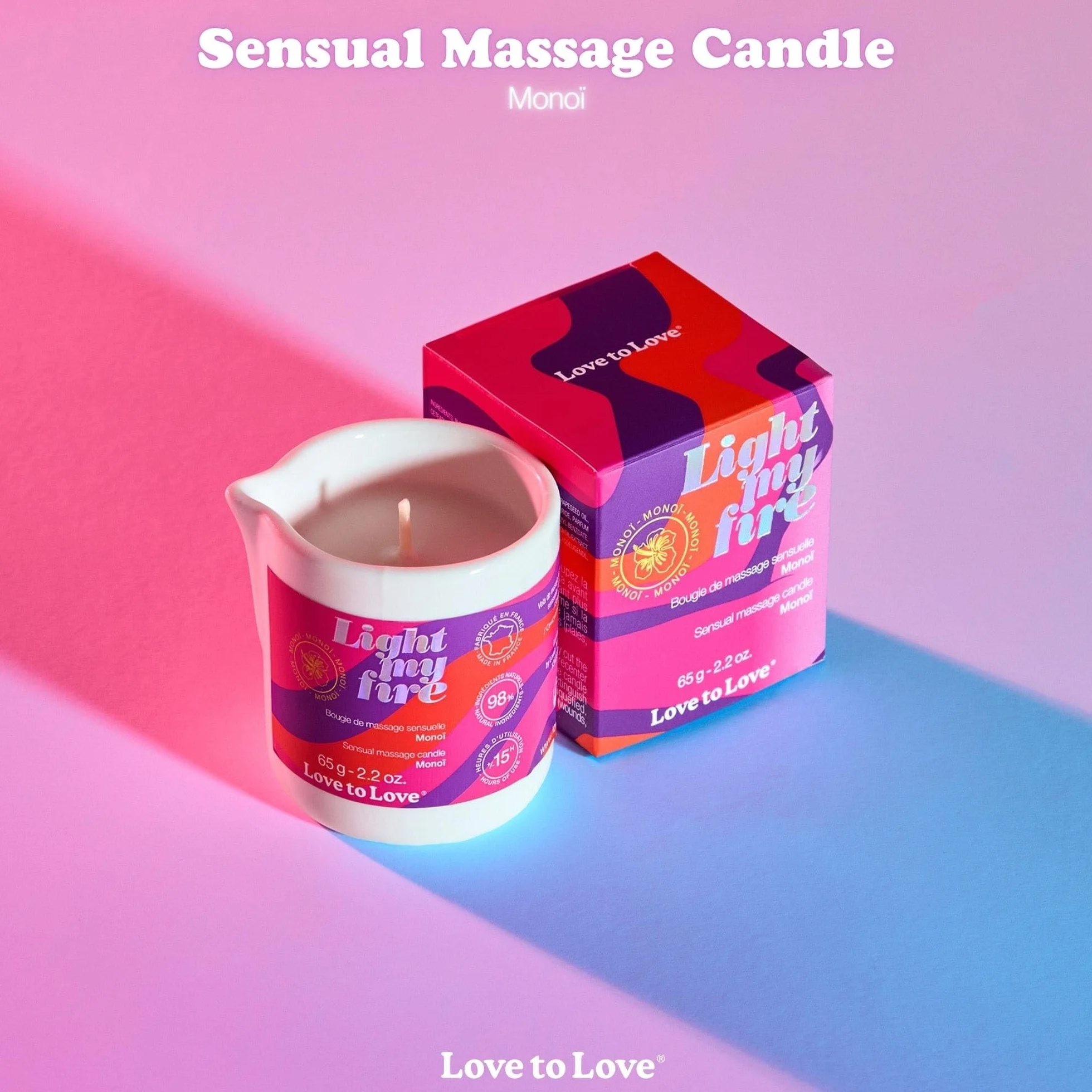 Love to Love Light My Fire Candela da Massaggio 30 ml Olio da Massaggio Caldo Sensuale 98% Naturale Prodotta in Francia