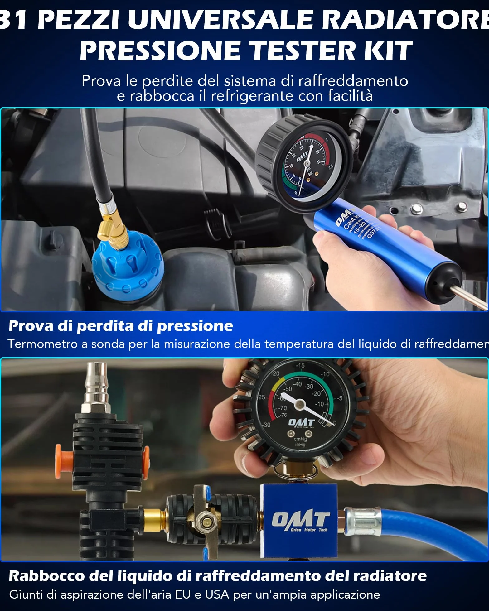 Orion Motor Tech 31 Pezzi Universale Radiatore Pressione Tester Kit con 23 Adattatori, Kit di Prova della Pressione del Sistema di Raffreddamento del Radiatore con Spurgo e Pompa del Vuoto