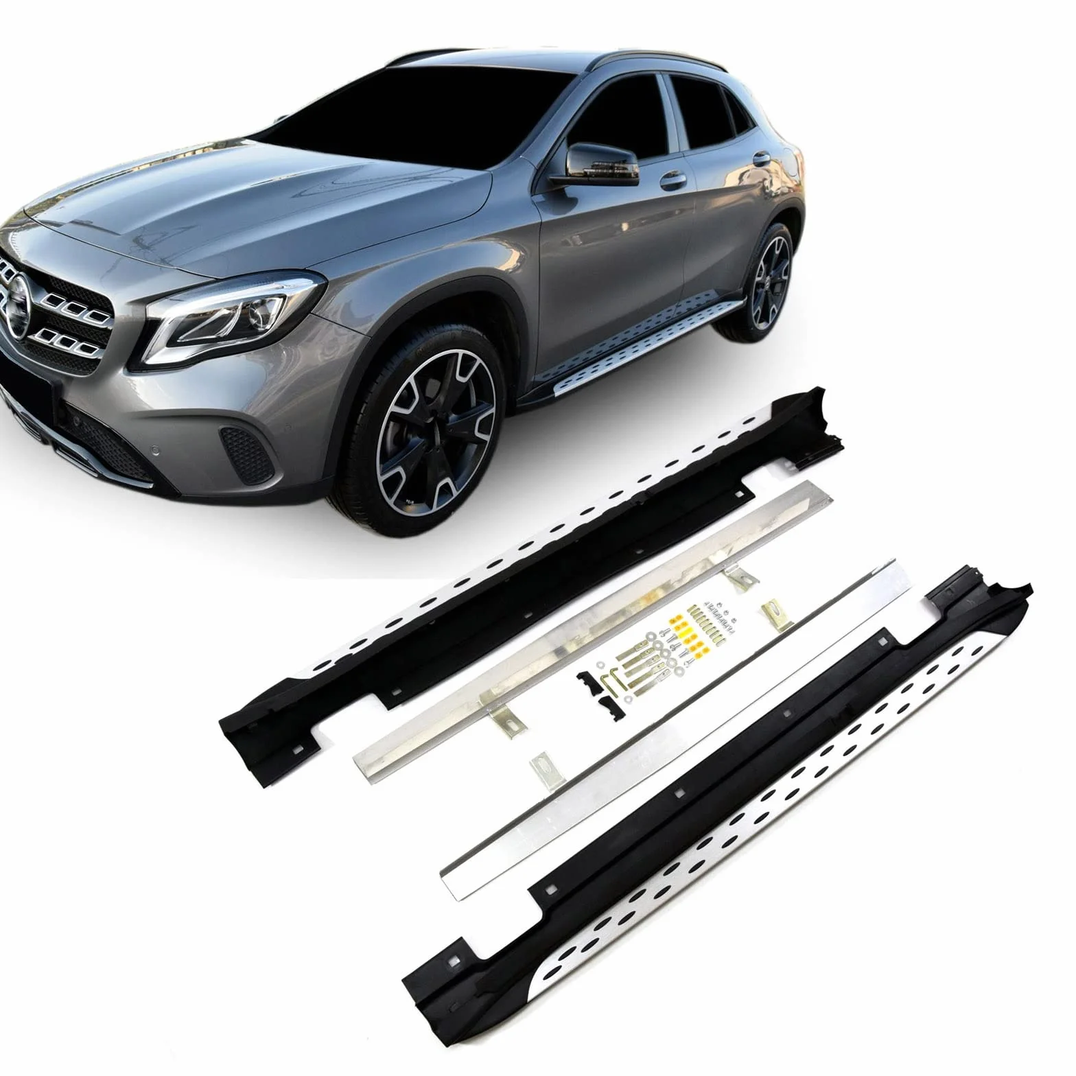 J&J AUTOMOTIVE Pedane Laterali per Mercedes GLA X156 2013-2019, Sottoporta Minigonne in Alluminio e Plastica ABS, Set Completo con Materiale di Montaggio Incluso
