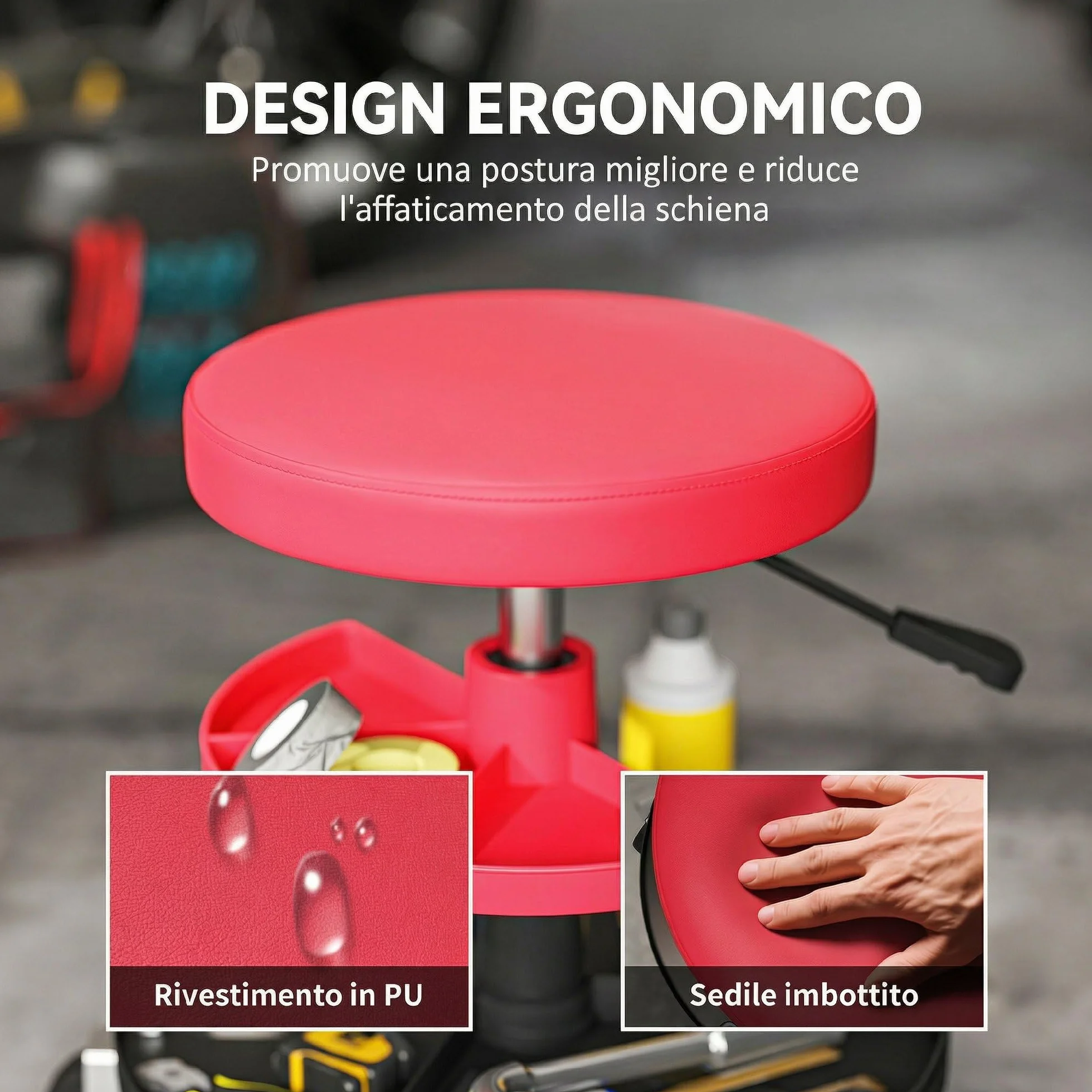 HOMCOM Sgabello da Officina con Ruote, Altezza Regolabile 40-51 cm, Sedile Imbottito, Capacità 135 kg, Rosso