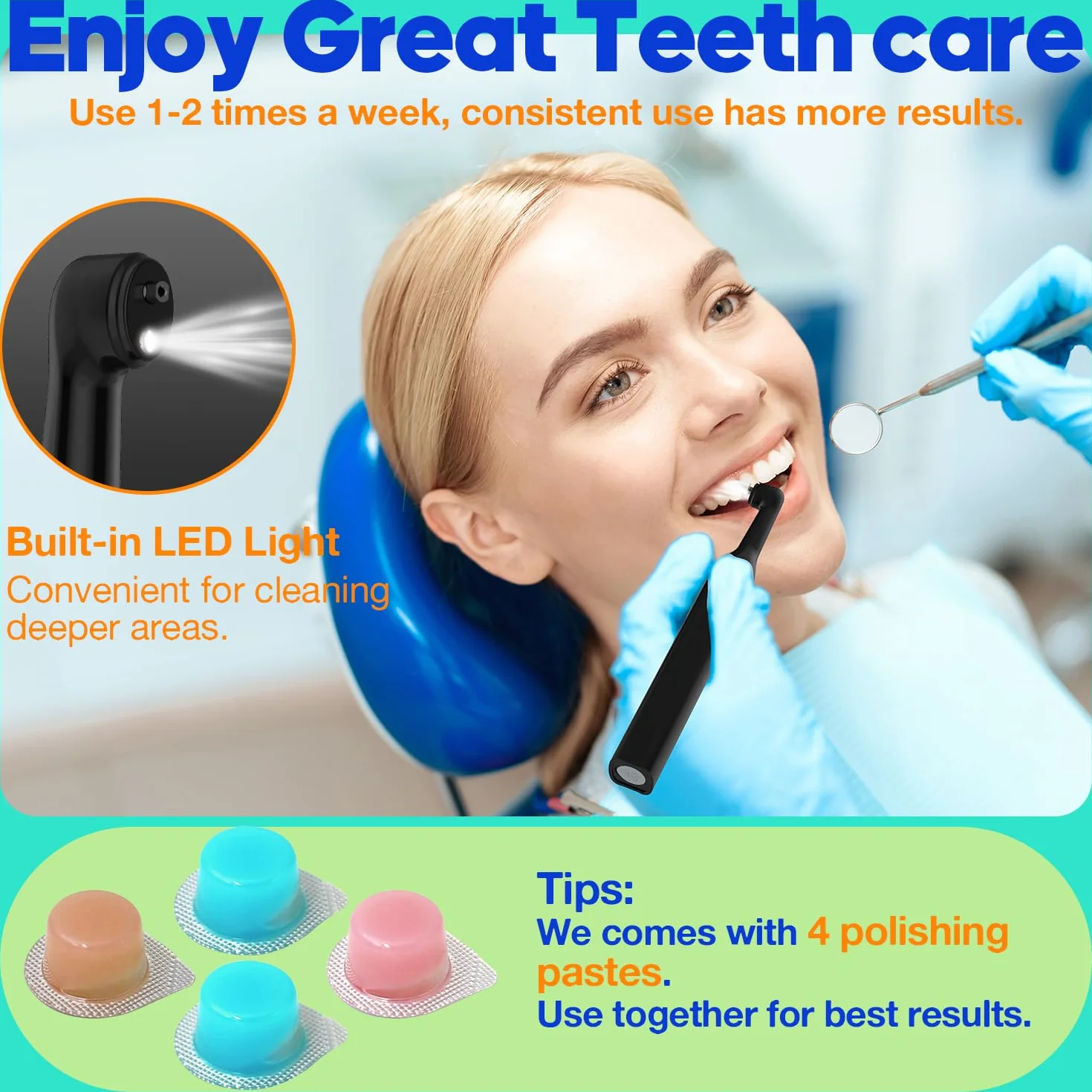 RRZIOM Kit Pulizia Denti Professionale, Macchine Per La Lucidatura Dentale, Impermeabile con Luce LED, 5 Testine, 5 Modalità, Ricaricabile