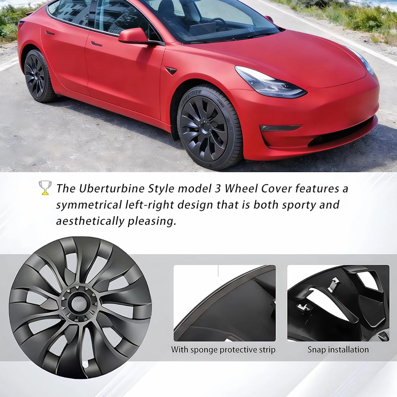 KAVANIC Tesla Model 3 Copriruota 18 Pollici Nero Opaco Supporto Logo Miglioramento Gamma 4 Pezzi Uberturbine Stile 2017-2023