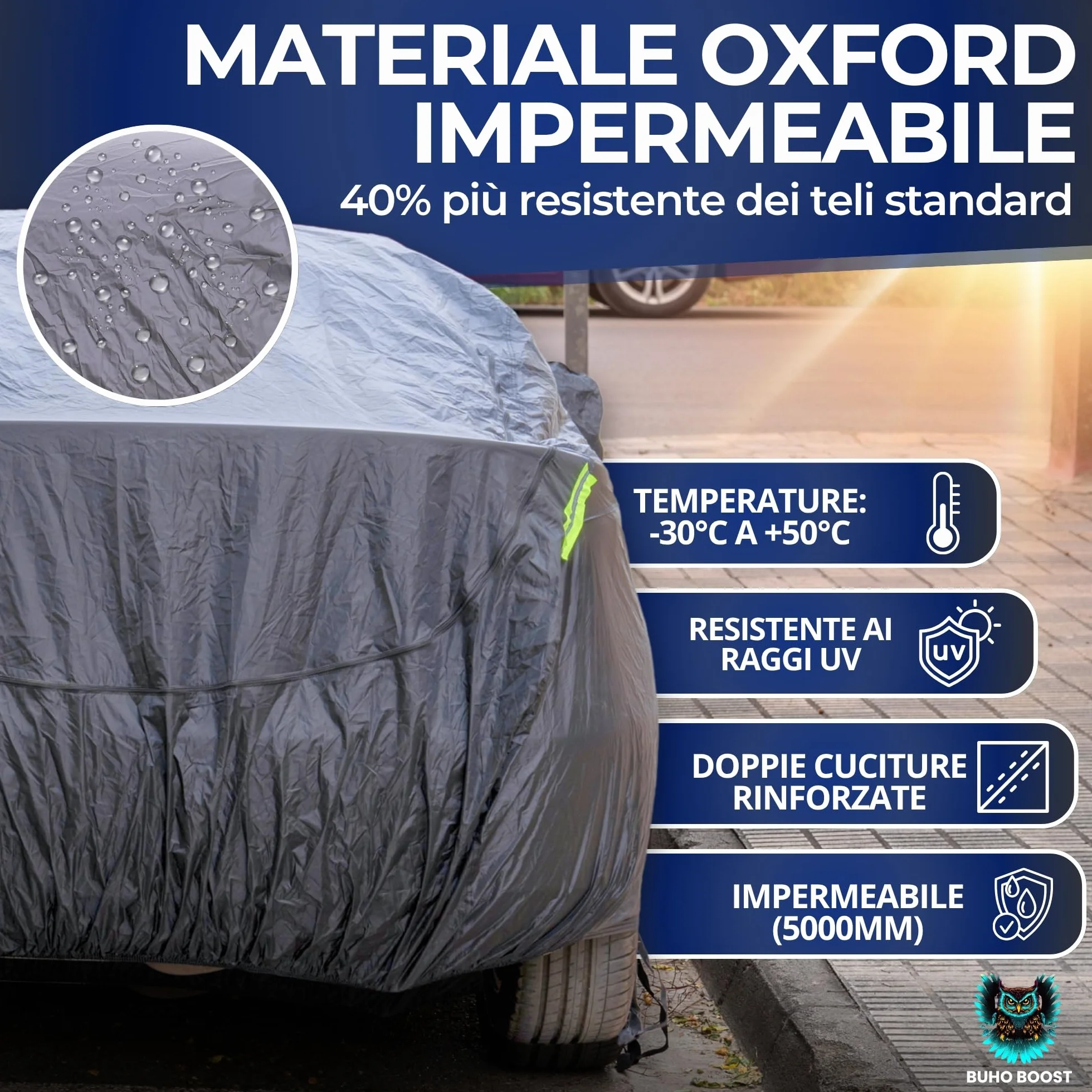 Classic - Telo Auto 100% Impermeabile con Parasole Incluso - Telo Copriauto Da Esterno con 2 Zip Strategiche - Protezione Completa Pioggia/Neve/UV/Polvere - Misura Universale Auto SUV
