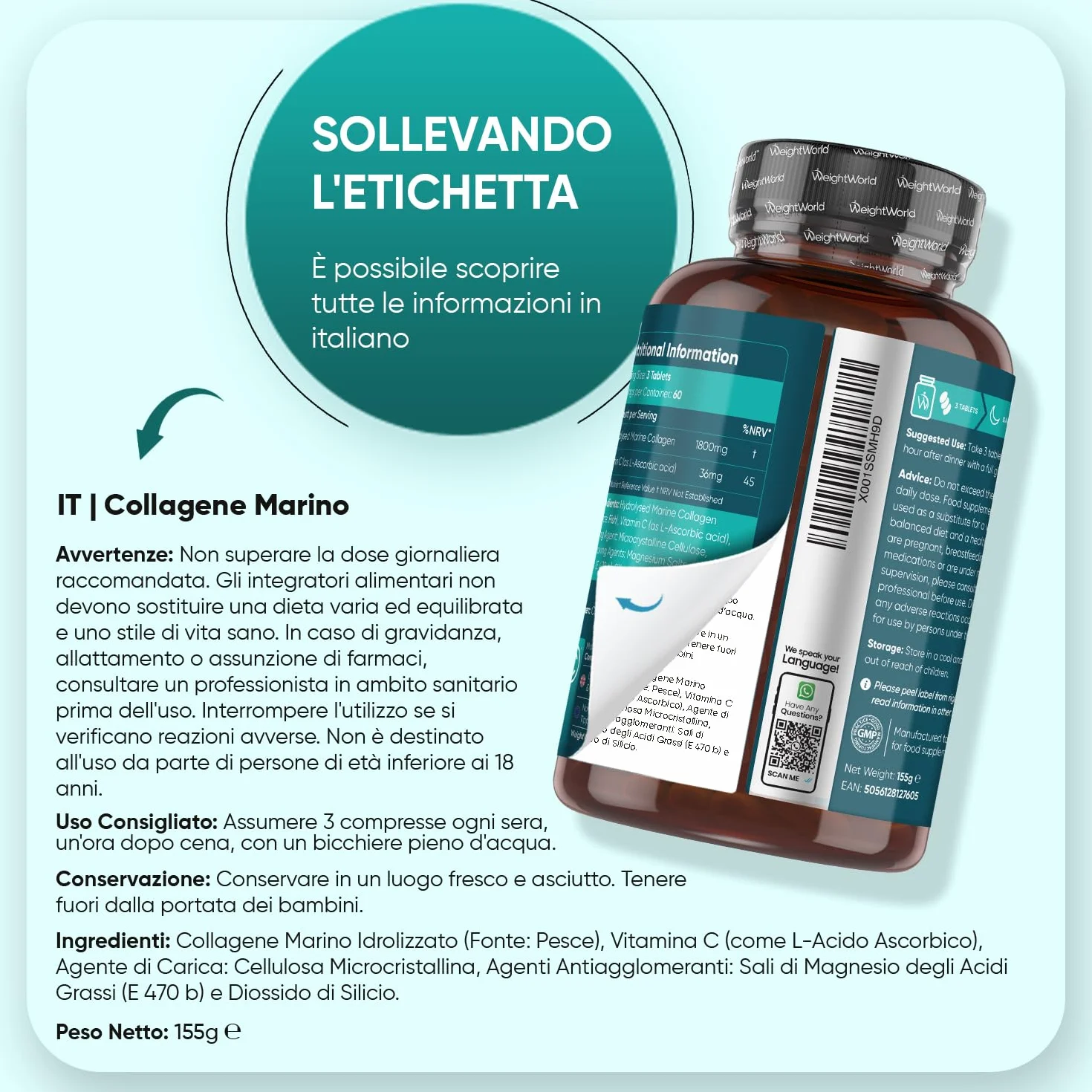 Collagene Marino 1800mg con Vitamina C Peptidi Idrolizzato Tipo I e III 180 Compresse