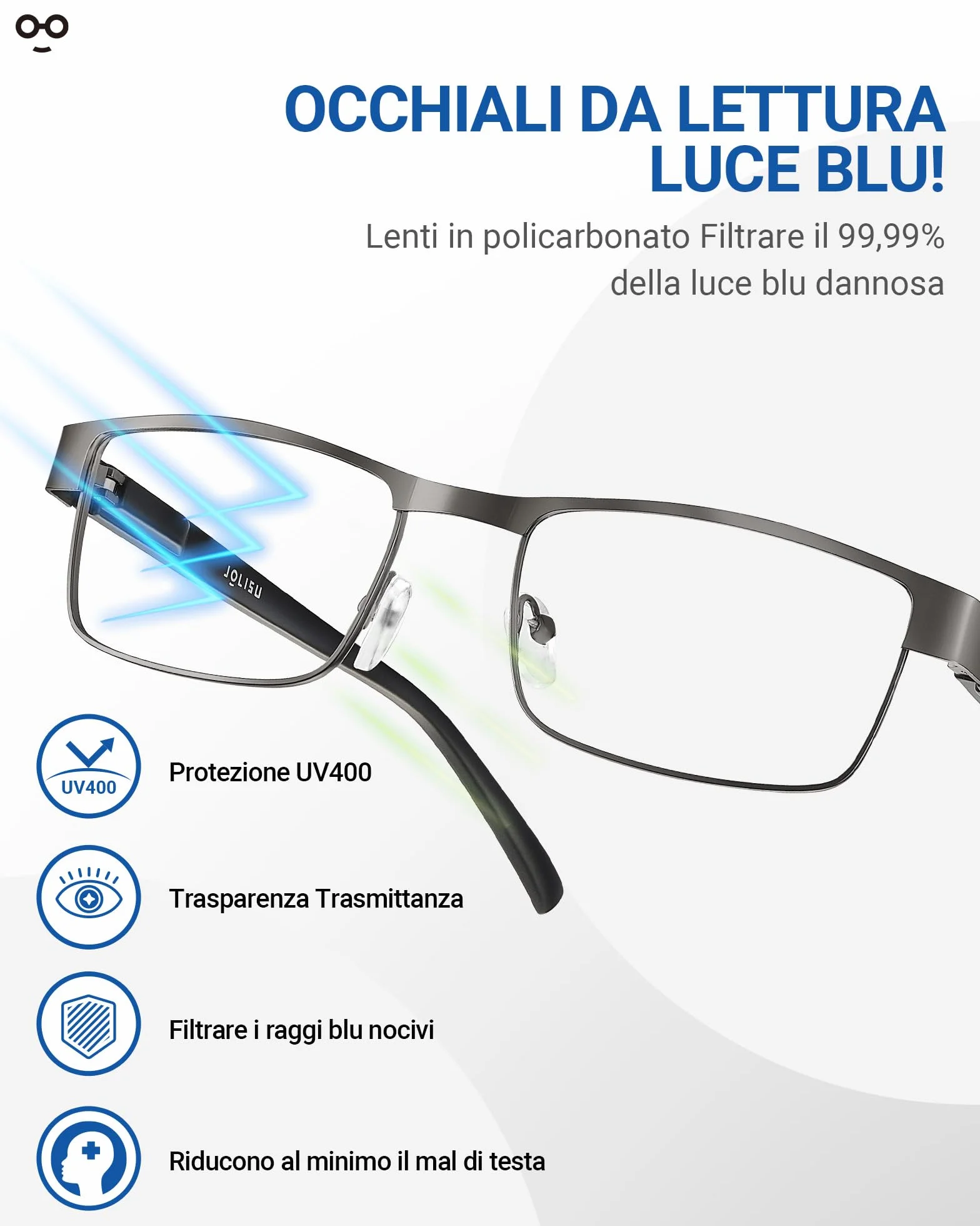 JOLISU 5PCS Occhiali da lettura da uomo con filtro luce blu montatura metallo sottile 2.50