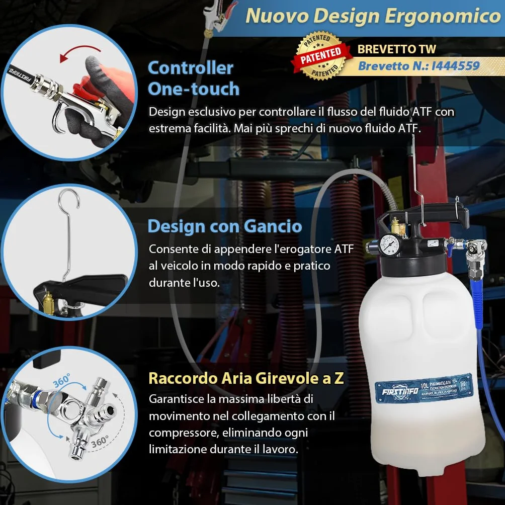 FIRSTINFO Kit Pneumatico ATF 10L per Riempimento e Aspirazione Olio Cambio Automatico, Pompa Cambio Olio Trasmissione con 14 Adattatori ATF, Attrezzatura Professionale Officina A1135NEU