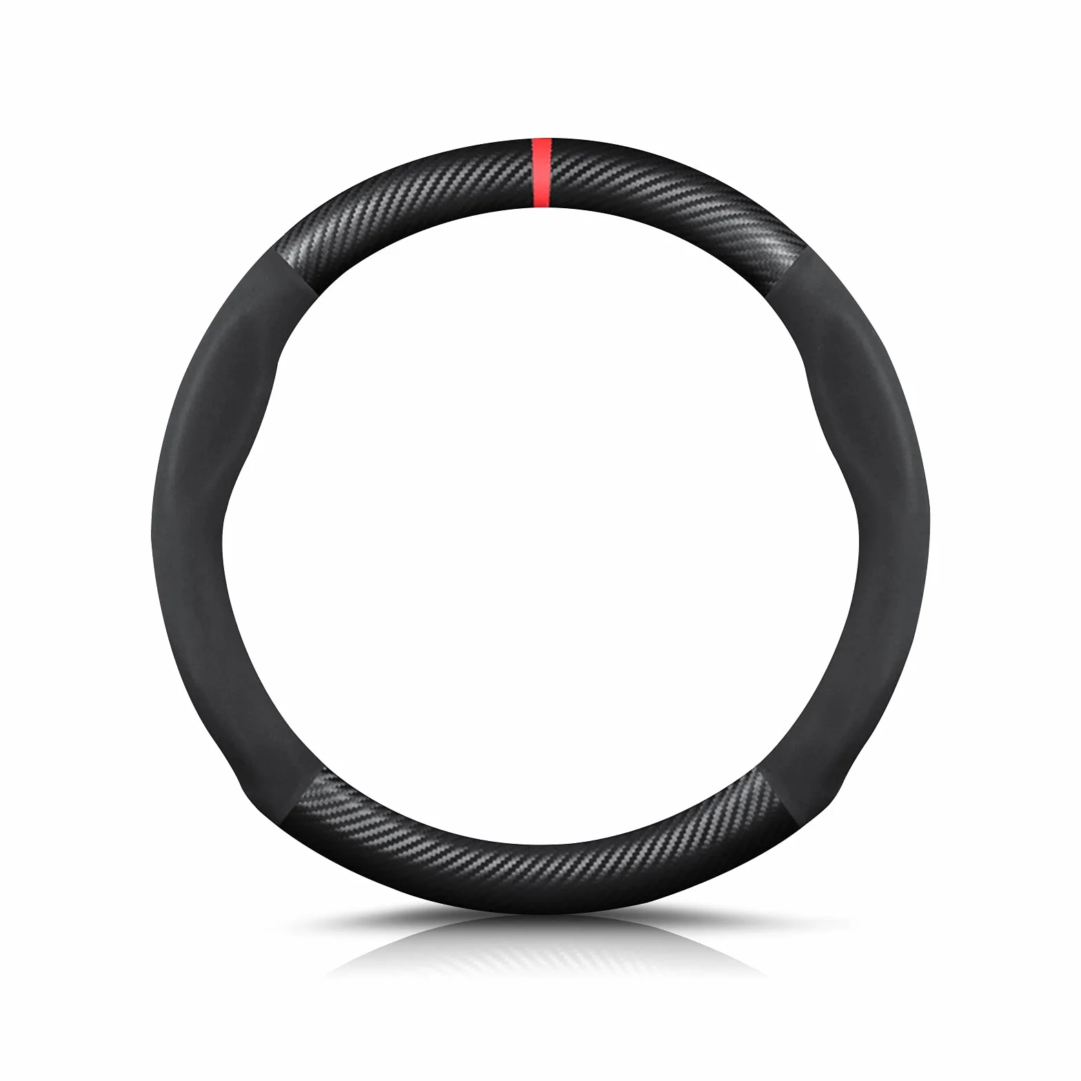 Ergocar Forma Rotonda Fibra di Carbonio e Pelle PU in Microfibra Coprivolante Antiscivolo Coprivolante per Auto Universale Sport Traspirante Per diametro 38 cm（15"）-Nero Rosso