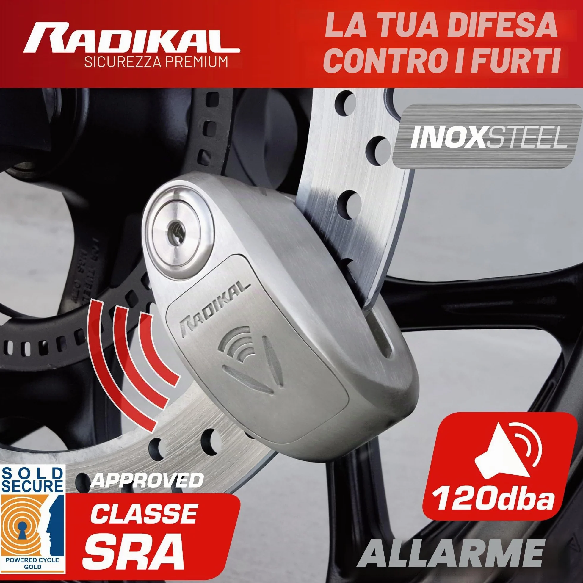 RADIKAL RK910S Bloccadisco Moto con Allarme 120dB ON/OFF, Omologato SRA et Sold Secure, Serratura Alta Sicurezza a Doppia Chiusura 10mm, Batteria Lunga Durata, Acciaio Inox, Antifurto Lucchetto Moto