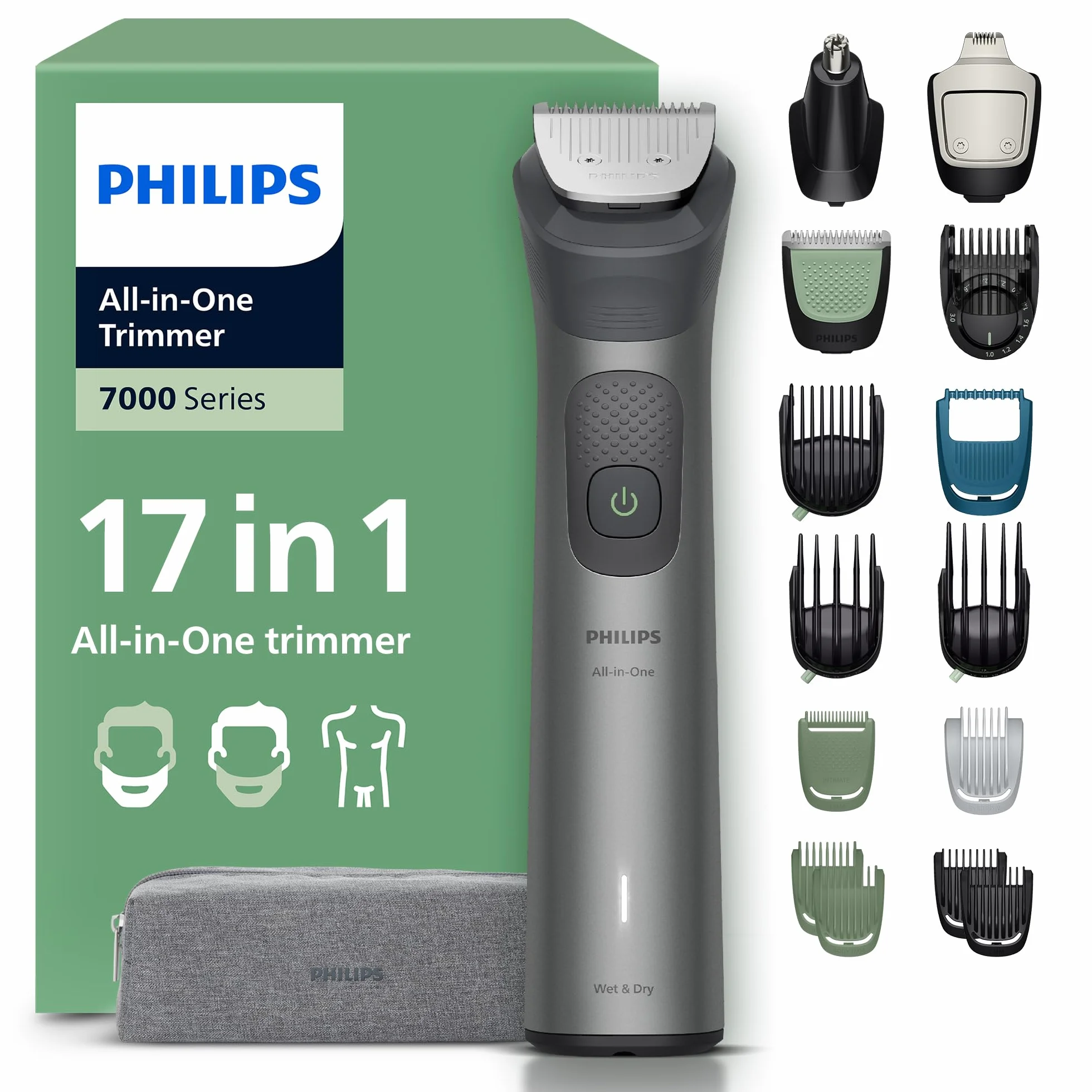 Philips Serie 7000 Multigroom 17 w 1 - Trymer do brody, włosów i ciała, lame metalowe, 26 ustawień długości (0,5-20 mm), MG7961/15