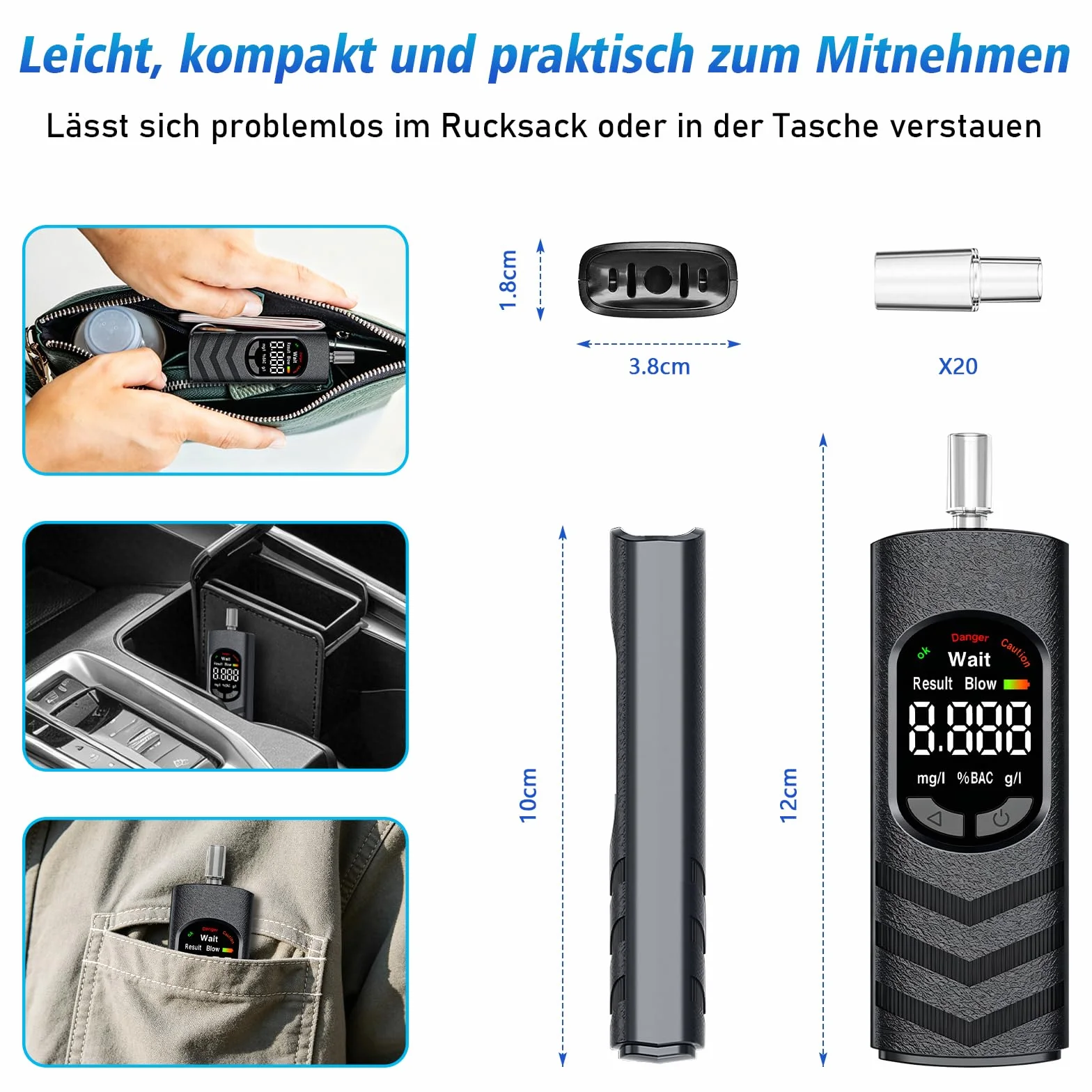 Etilometro Digitale Portatile con Display LCD a Colori – Alcoltest Ricaricabile USB-C per Casa, Feste, BBQ, Viaggi – 20 Bocchini Igienici Monouso Inclusi