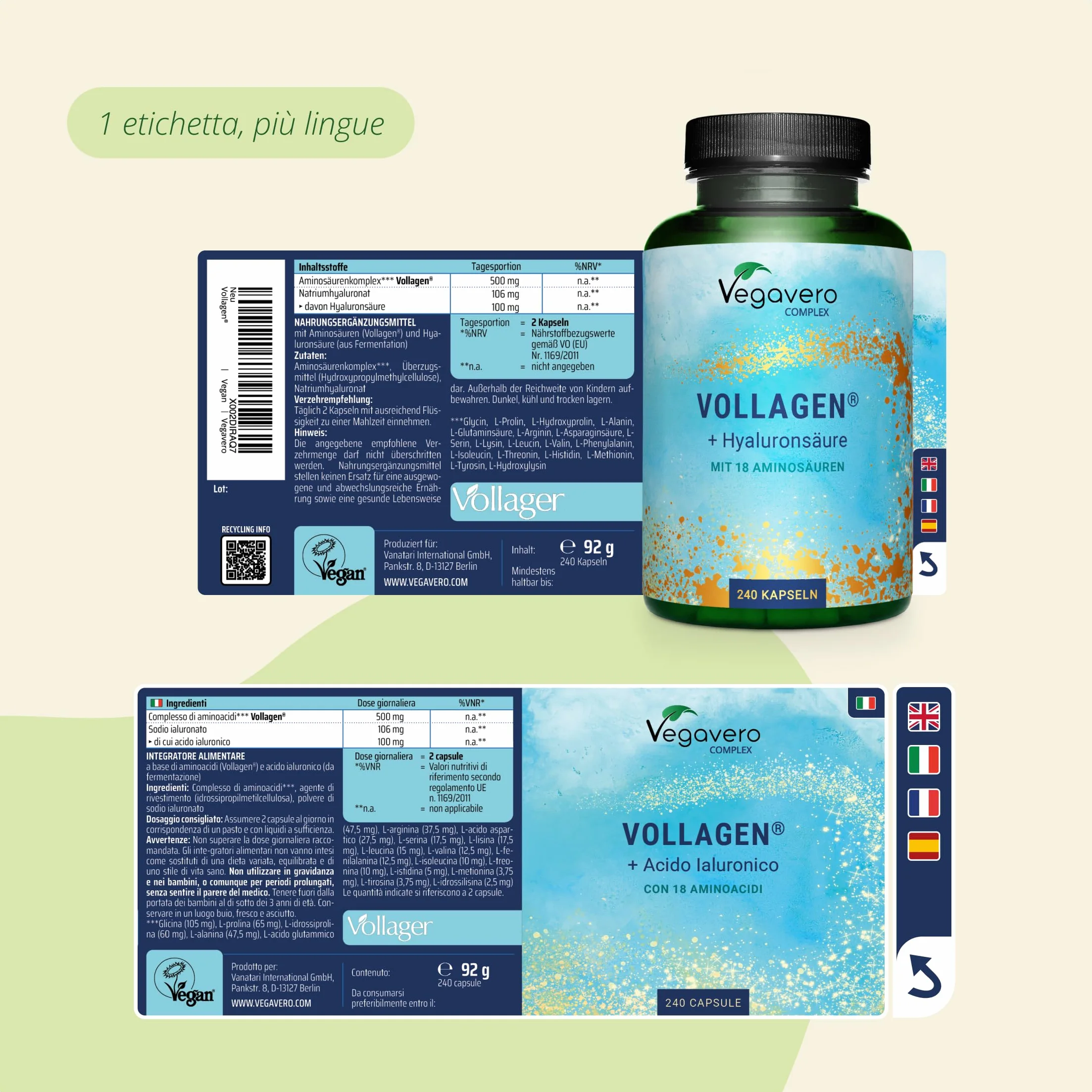 Vegavero Collagene Vegano + Acido Ialuronico | Vollagen® 800-1500 kDa | Integratore Anti Age 240 capsule