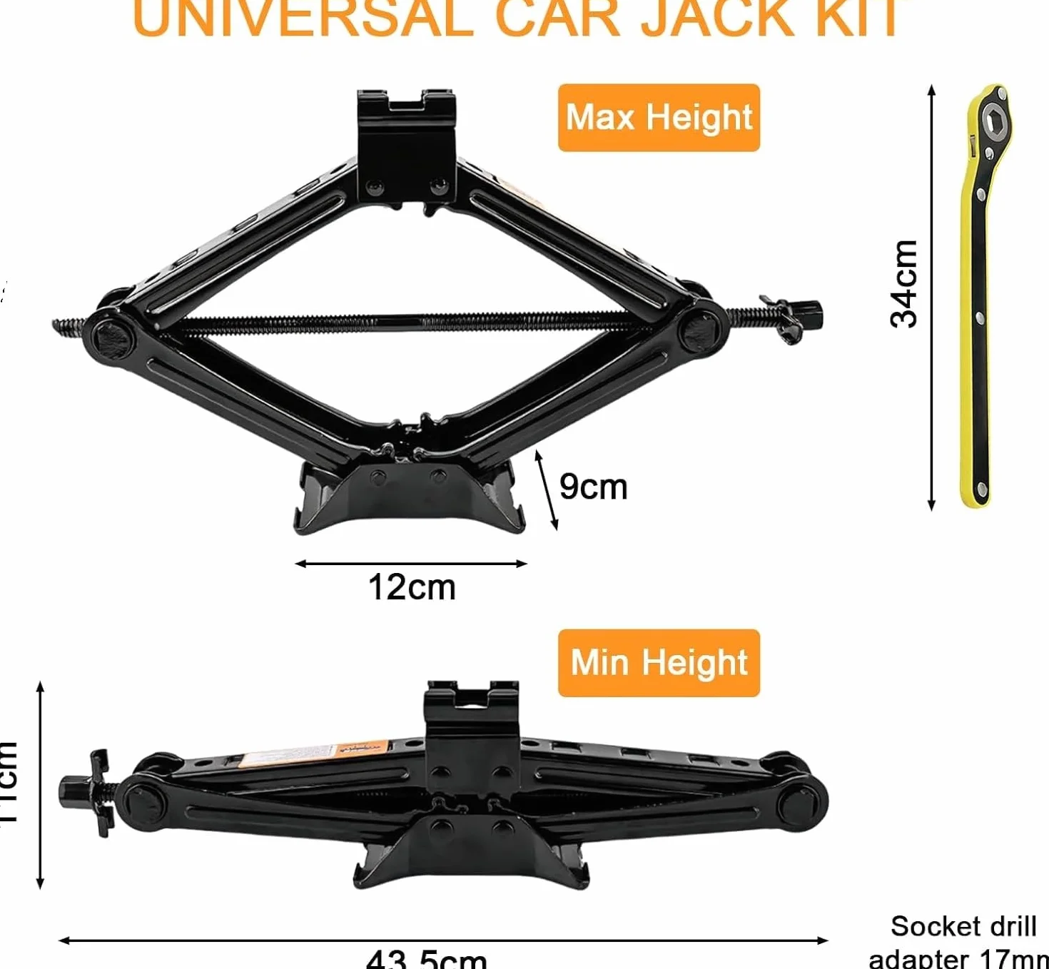 Cric Auto per Audi S3 Sportback 2013-2017, 2500kg, 425mm, Portatile con Chiave Dadi Ruota, Kit Emergenza