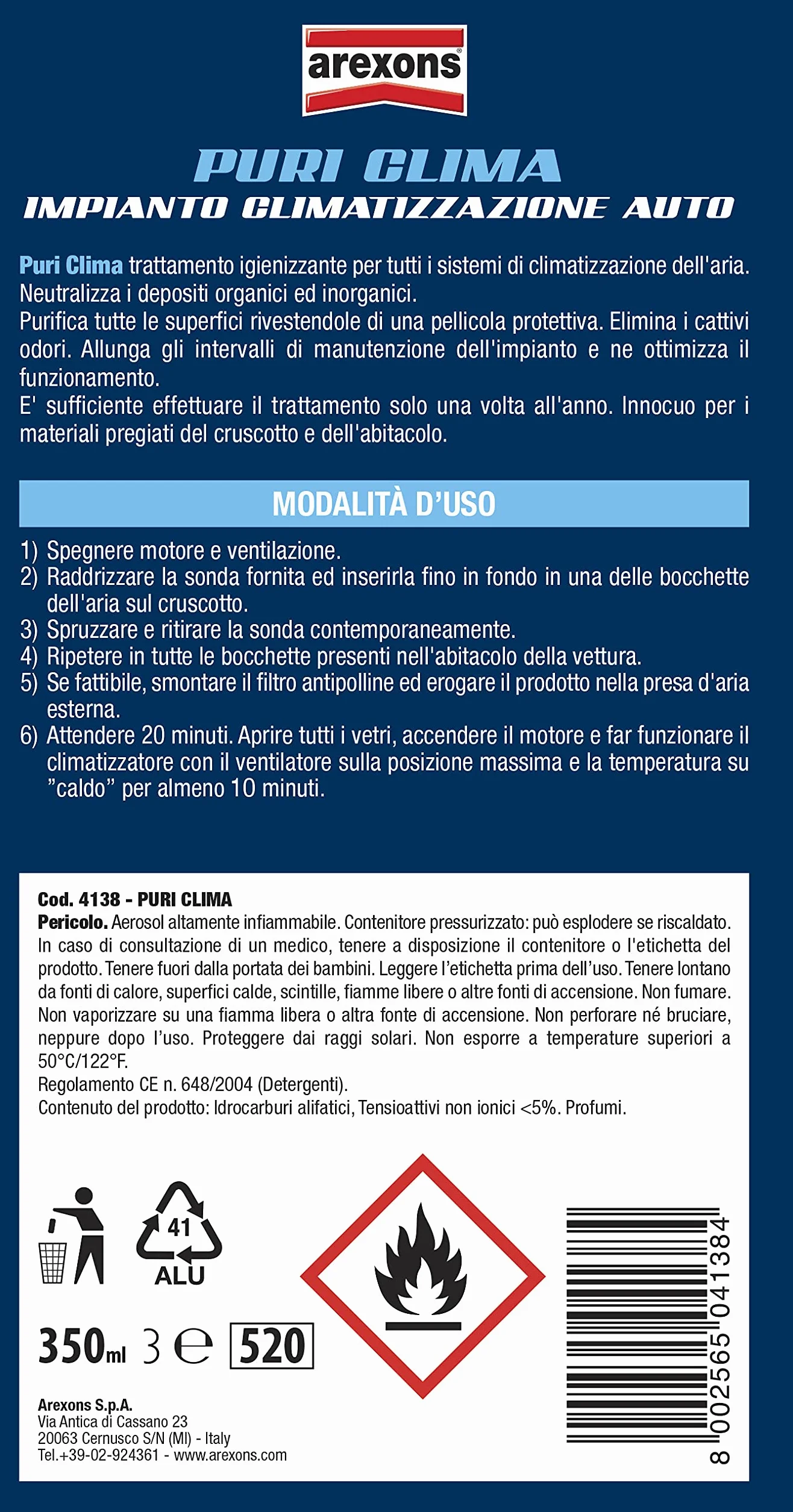 Arexons Puri Clima 350 ml Spray auto igienizzante detergente deodorante